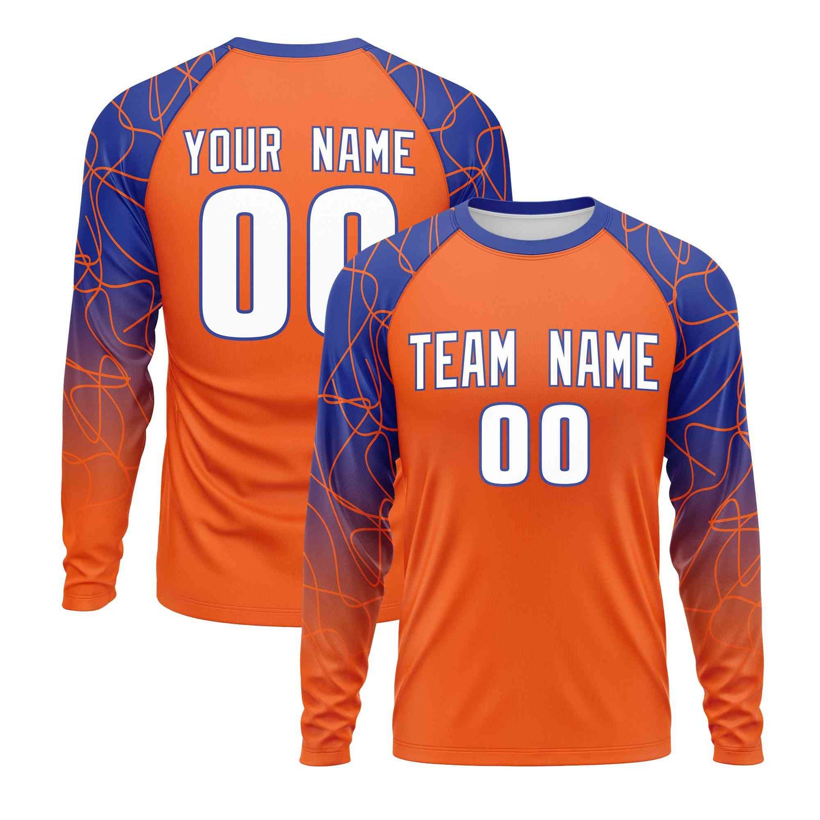 Custom Orange Royal Blue Tangled Lines Pattern Raglan Long Sleeve Performance T-Shirt| KXKSHOP
