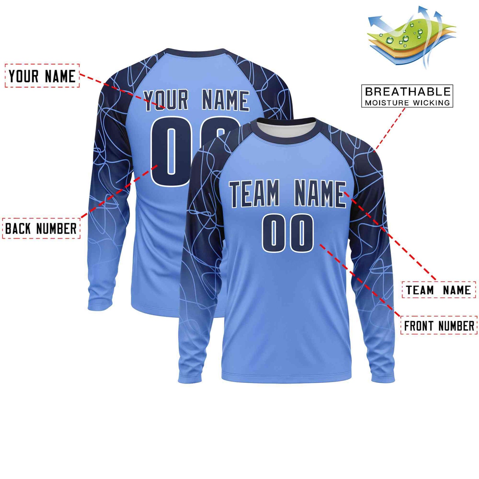 Custom Light Blue Navy Tangled Lines Pattern Raglan Long Sleeve Performance T-Shirt| KXKSHOP