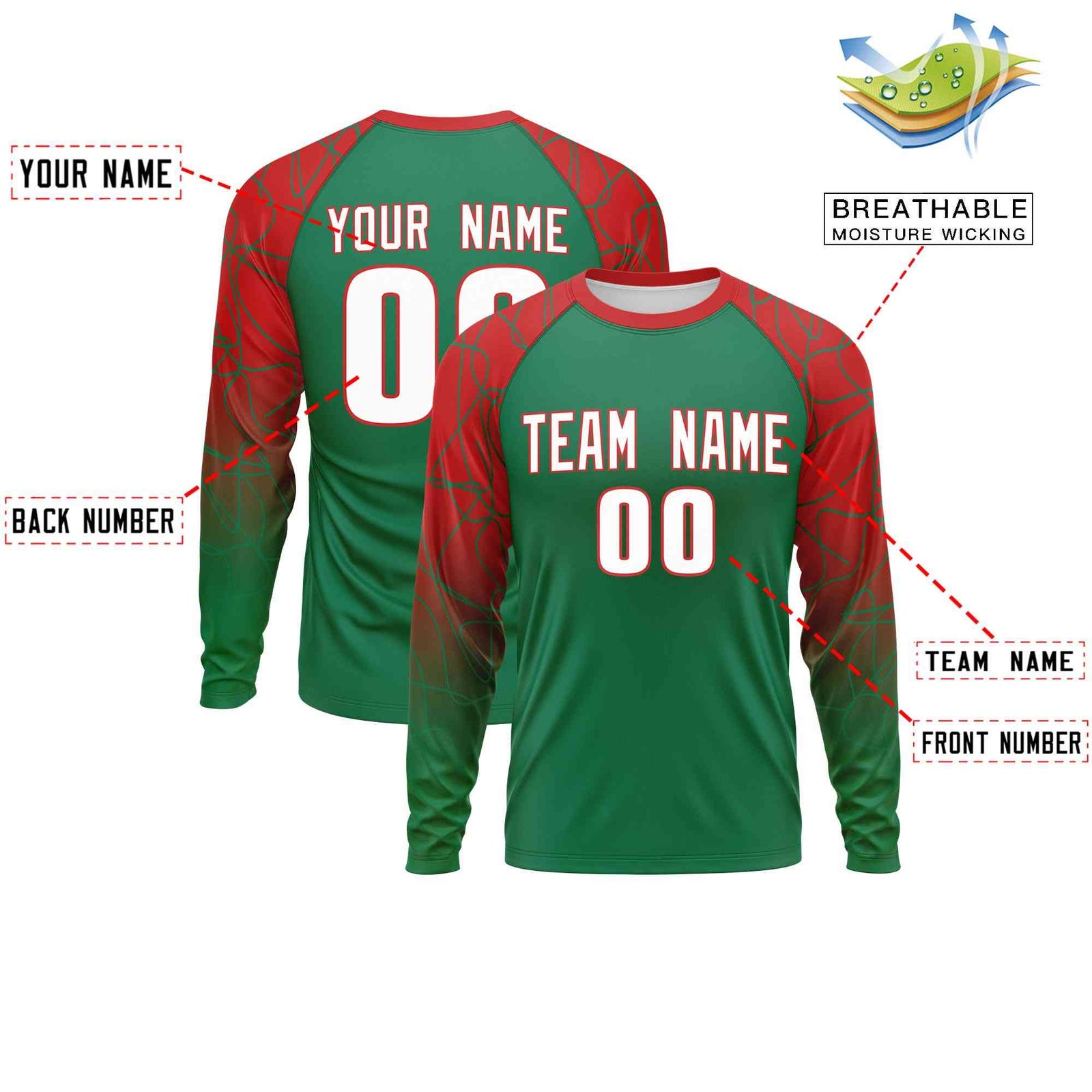 Custom Kelly Green Red Tangled Lines Pattern Raglan Long Sleeve Performance T-Shirt| KXKSHOP