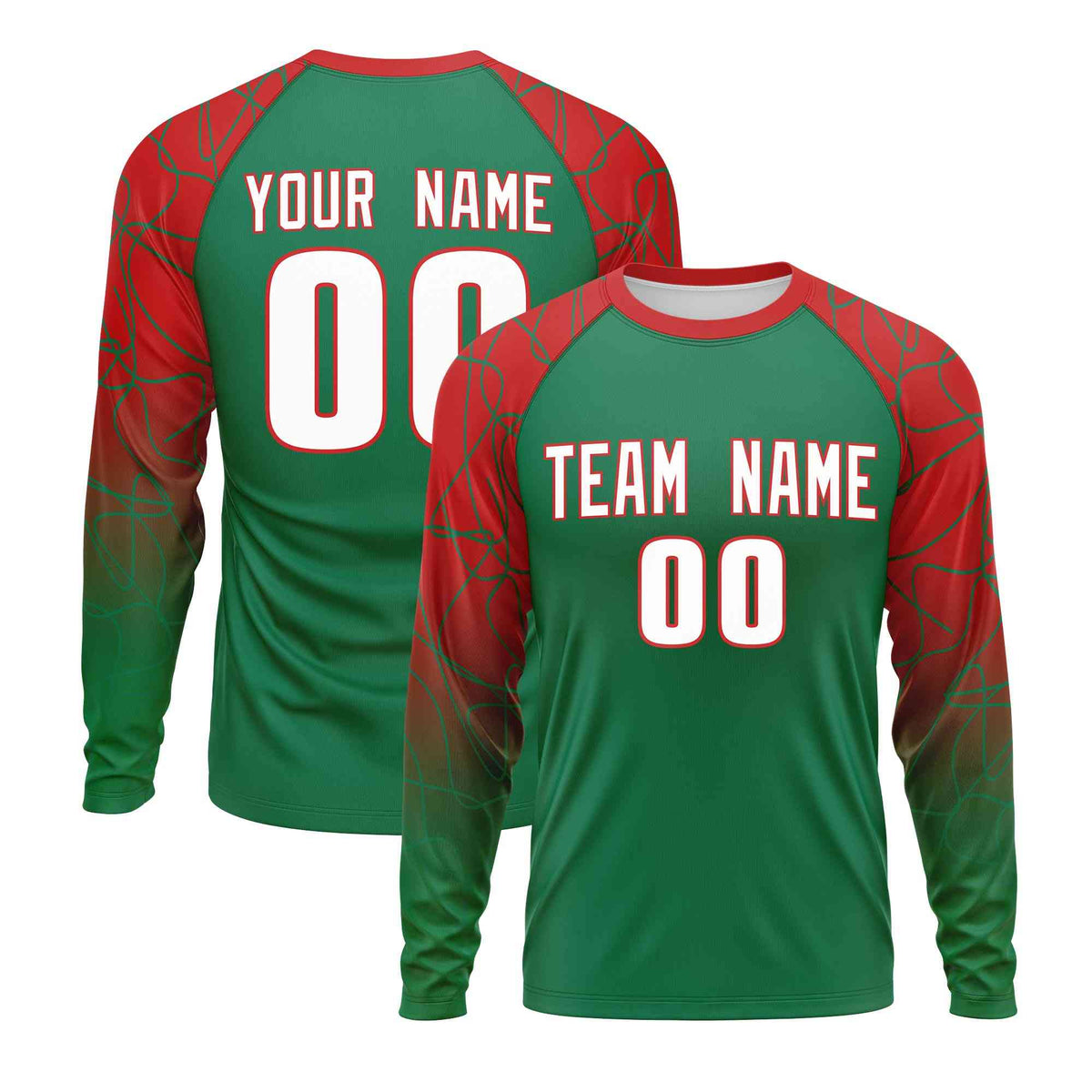 Custom Kelly Green Red Tangled Lines Pattern Raglan Long Sleeve Performance T-Shirt| KXKSHOP