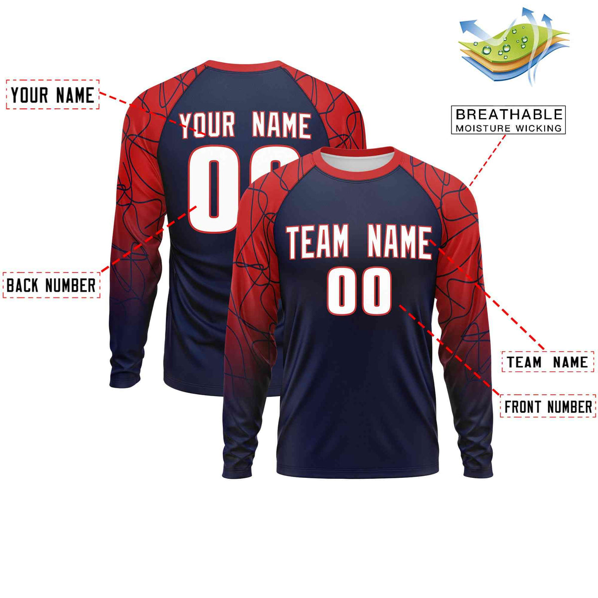 Custom Navy Red Tangled Lines Pattern Raglan Long Sleeve Performance T-Shirt| KXKSHOP