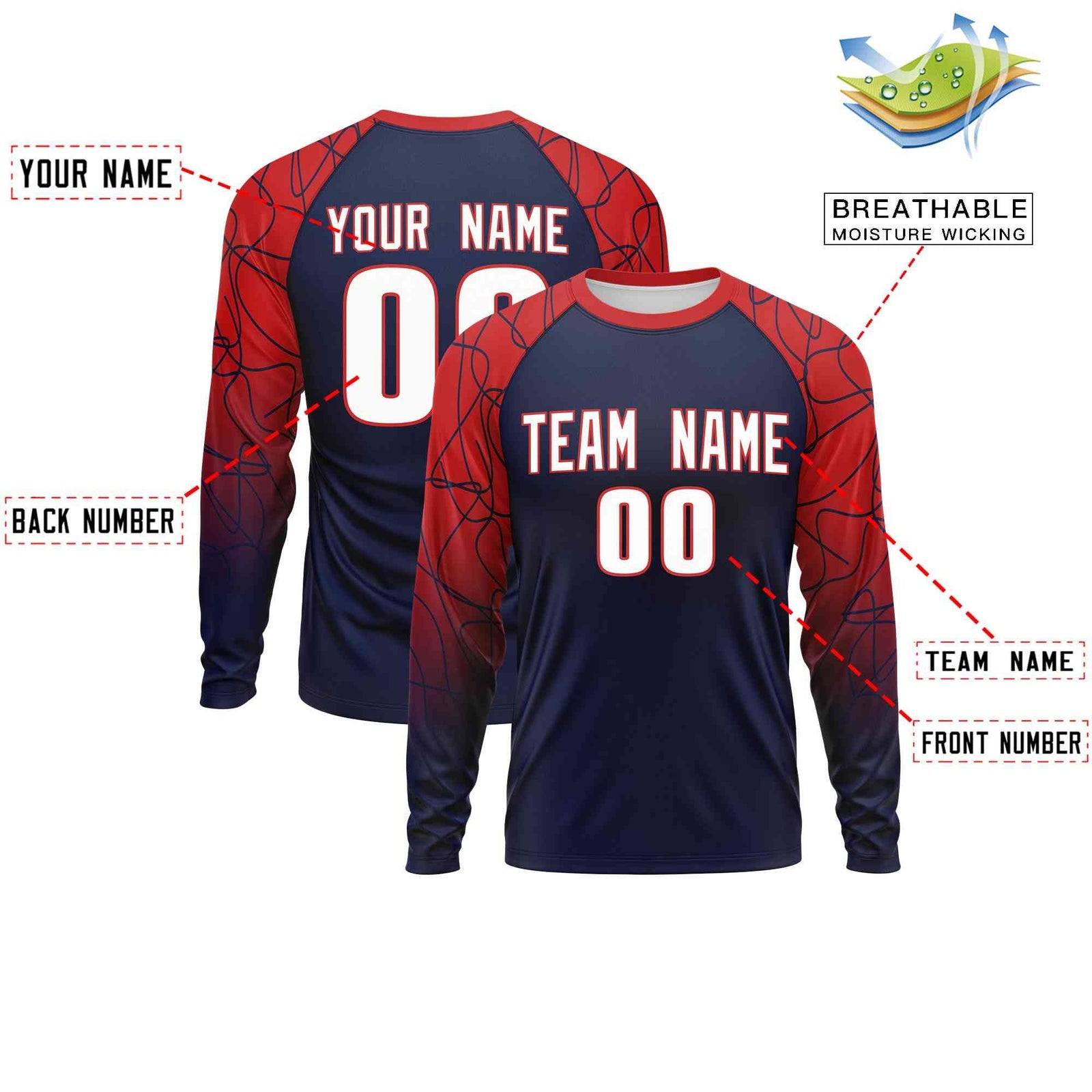 Custom Navy Red Tangled Lines Pattern Raglan Long Sleeve Performance T-Shirt| KXKSHOP