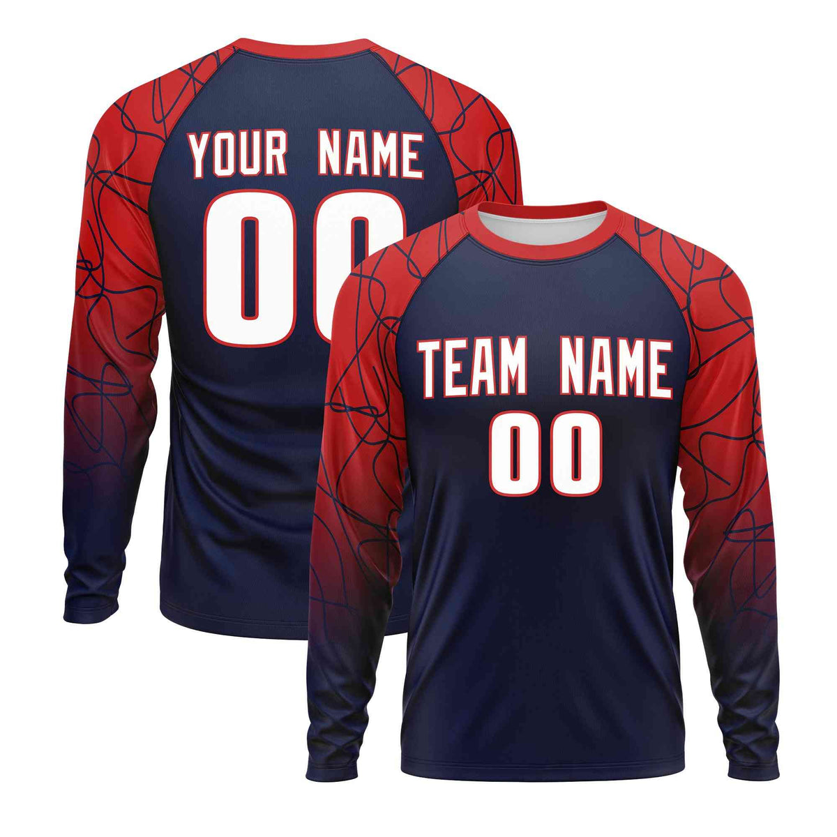 Custom Navy Red Tangled Lines Pattern Raglan Long Sleeve Performance T-Shirt| KXKSHOP