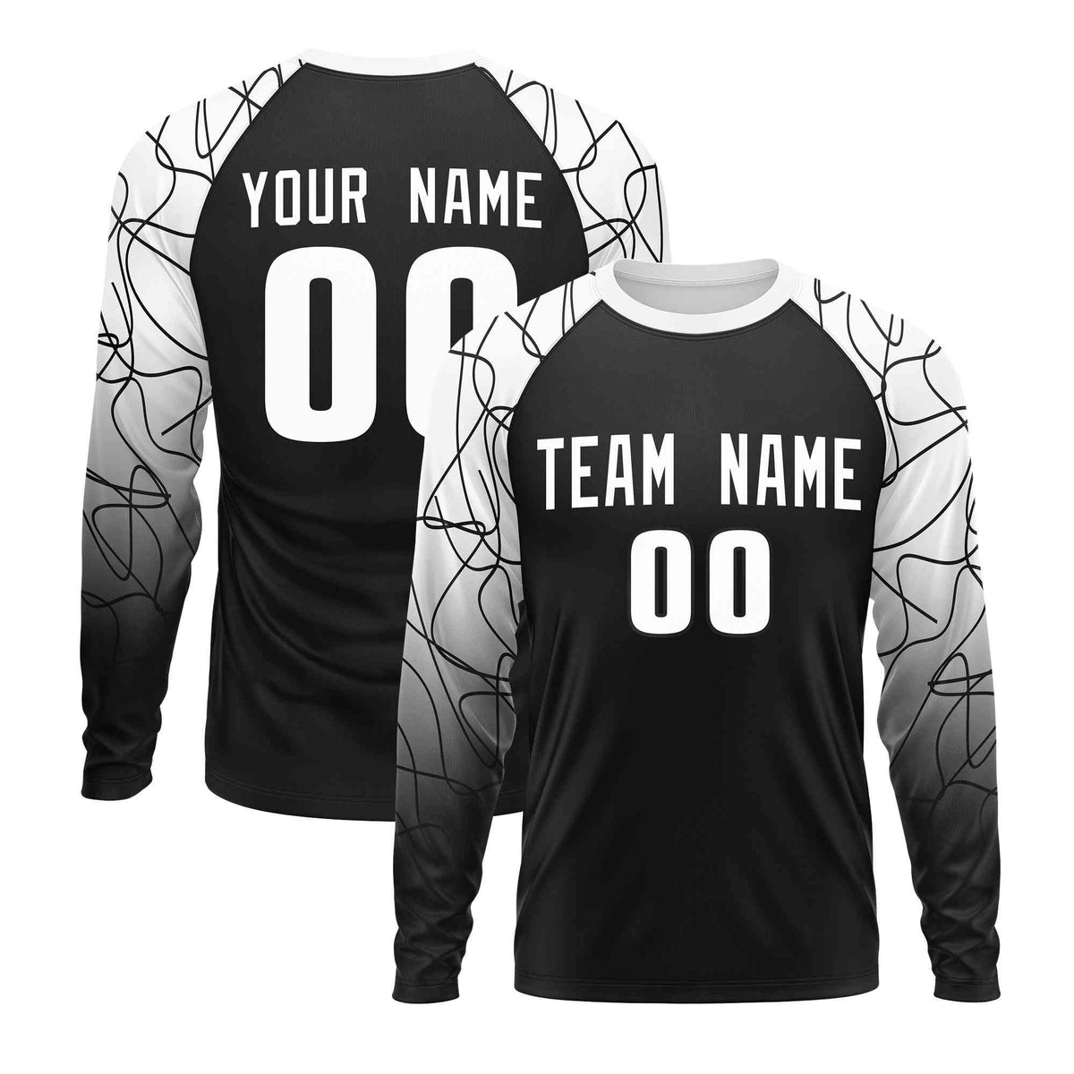 Custom Black White Tangled Lines Pattern Raglan Long Sleeve Performance T-Shirt| KXKSHOP