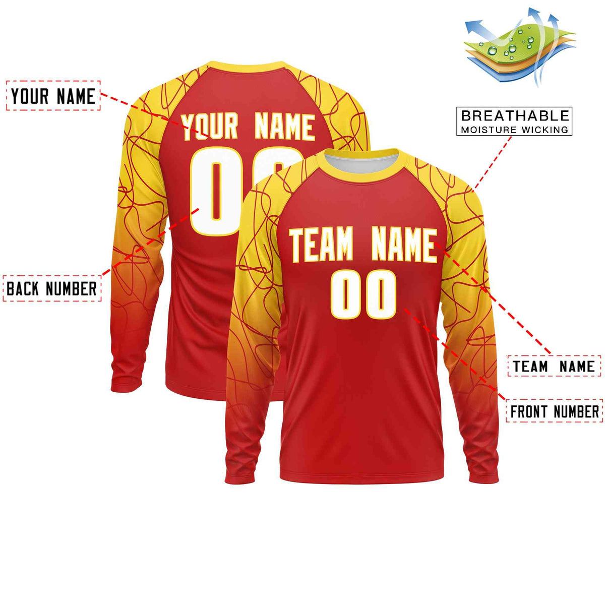 Custom Red Gold Tangled Lines Pattern Raglan Long Sleeve Performance T-Shirt| KXKSHOP