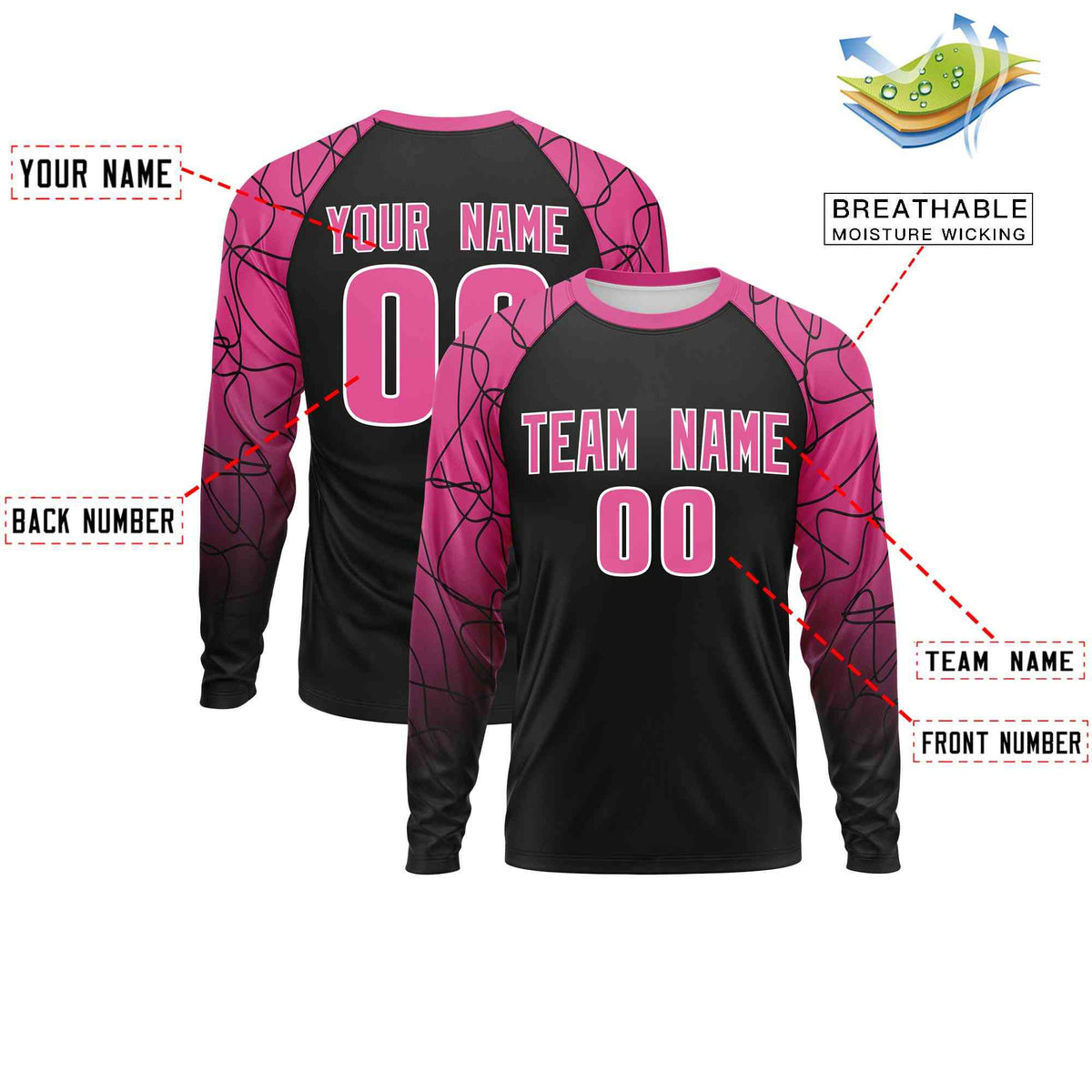 Custom Black Pink Tangled Lines Pattern Raglan Long Sleeve Performance T-Shirt| KXKSHOP