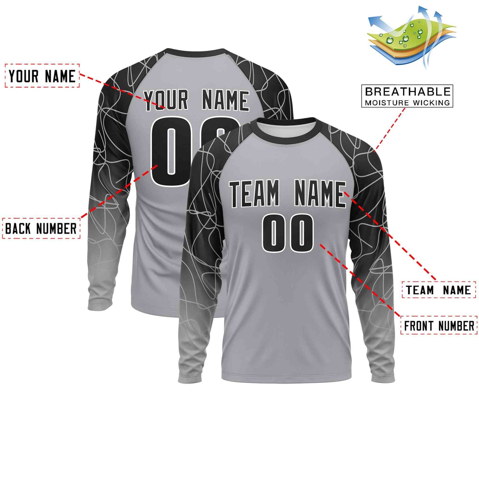 Custom Black Silver Tangled Lines Pattern Raglan Long Sleeve Performance T-Shirt| KXKSHOP