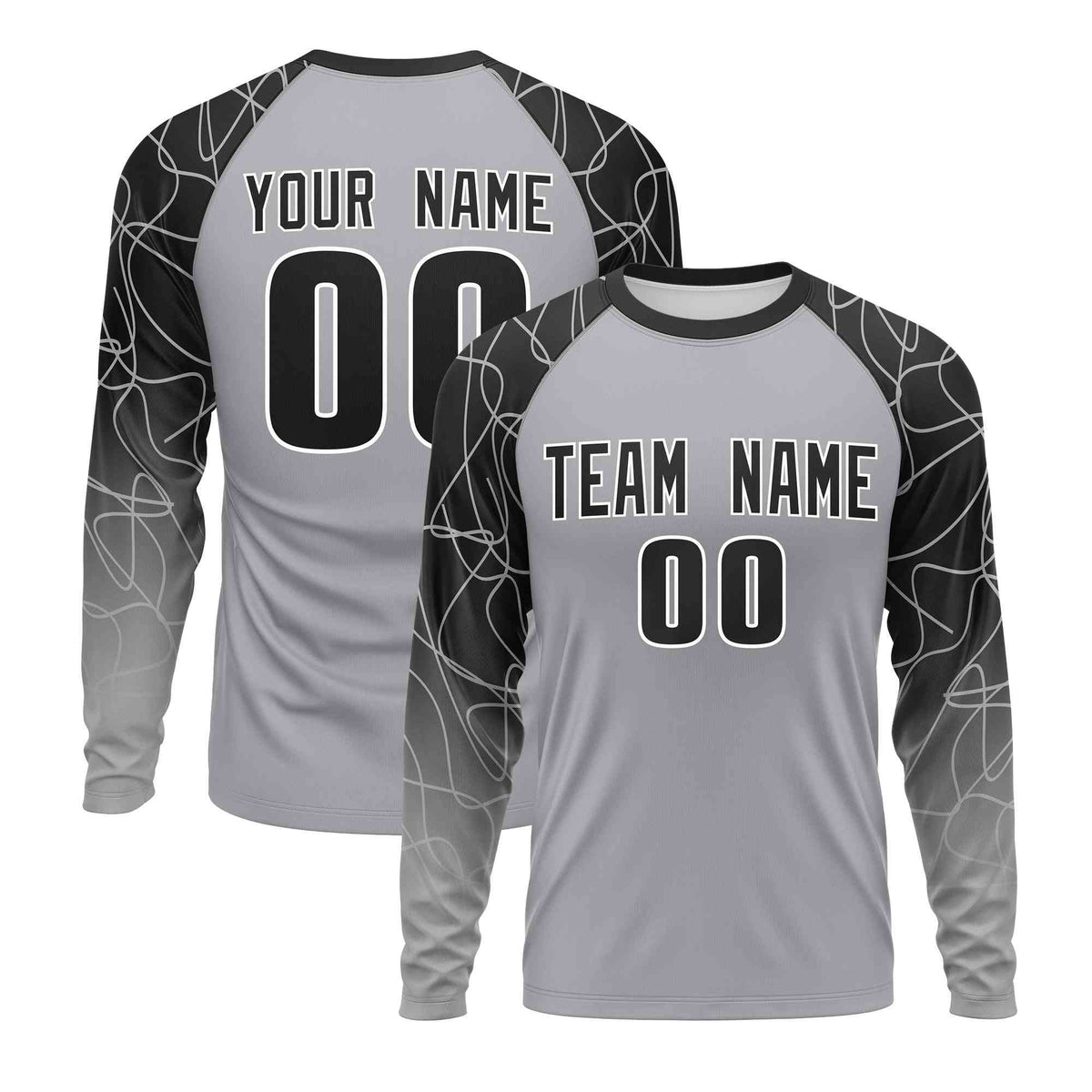 Custom Black Silver Tangled Lines Pattern Raglan Long Sleeve Performance T-Shirt| KXKSHOP