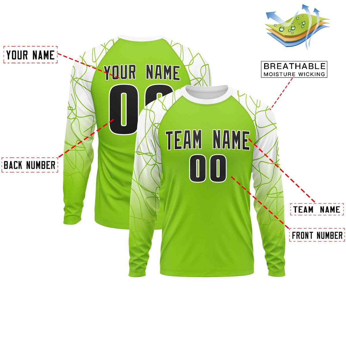 Custom Neon Green White Tangled Lines Pattern Raglan Long Sleeve Performance T-Shirt| KXKSHOP