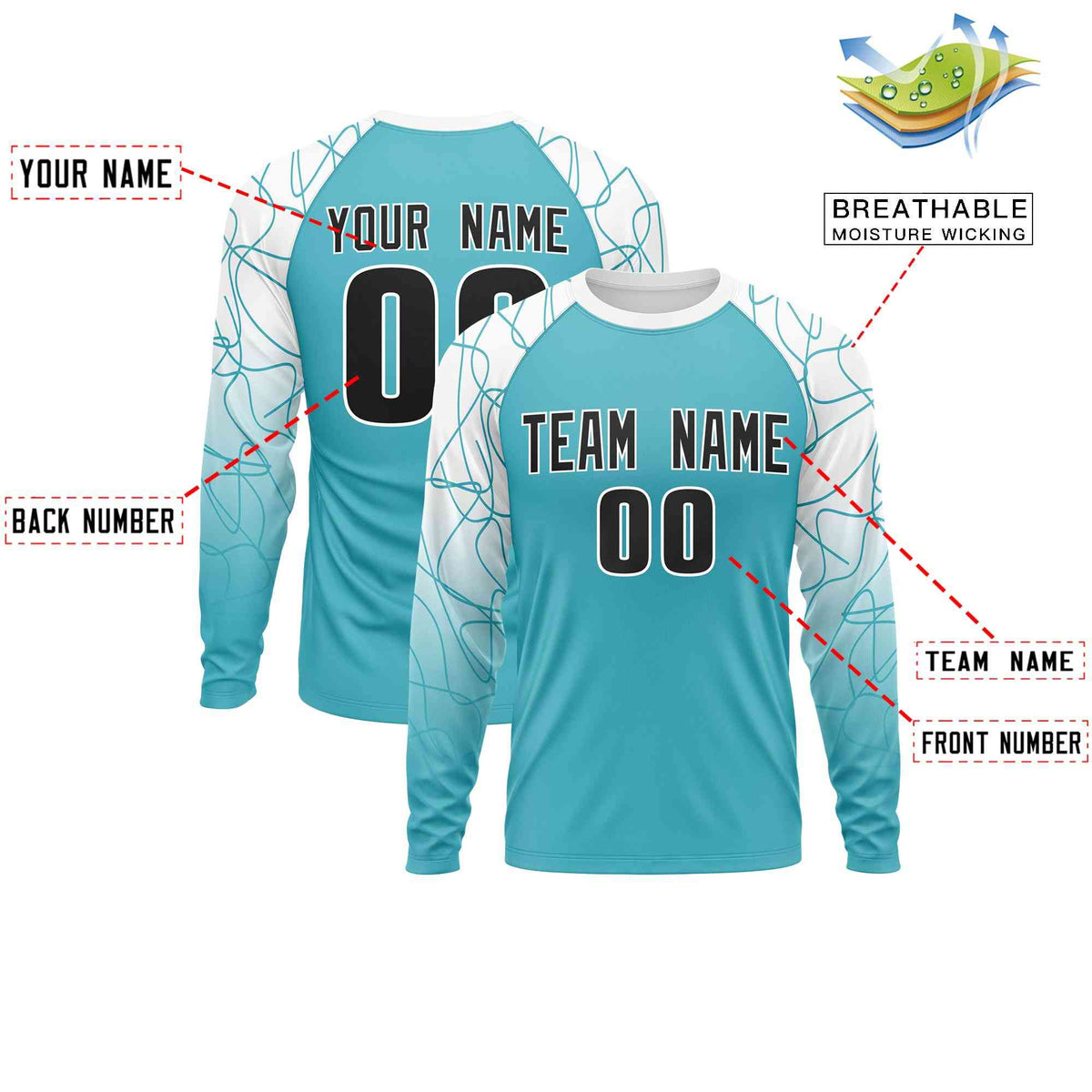 Custom Sky Blue White Tangled Lines Pattern Raglan Long Sleeve Performance T-Shirt| KXKSHOP