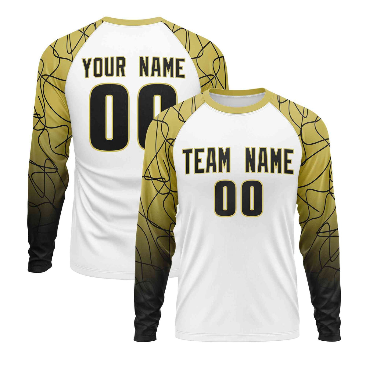 Custom White Old Gold Tangled Lines Pattern Raglan Long Sleeve Performance T-Shirt| KXKSHOP