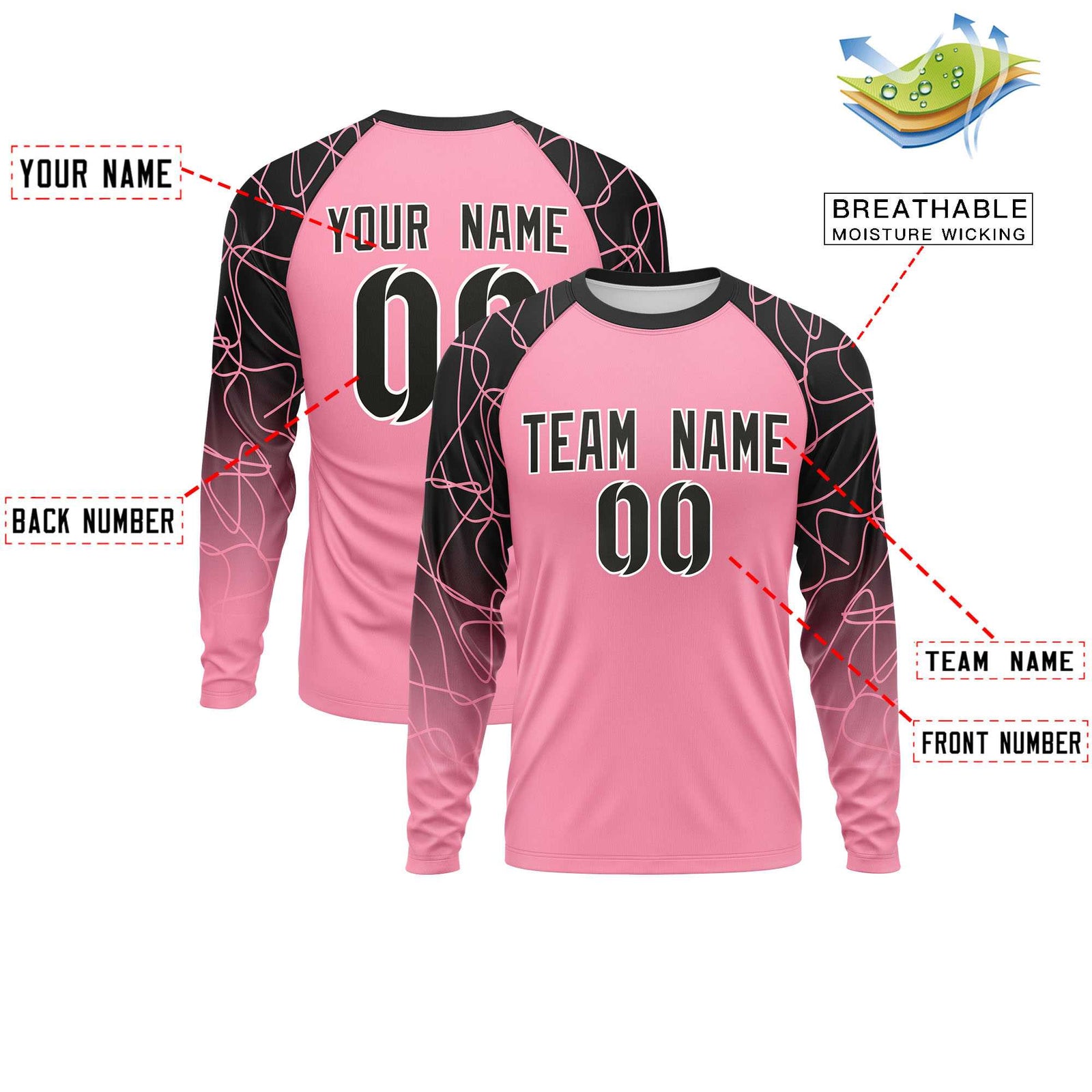 Custom Light Pink Black Tangled Lines Pattern Raglan Long Sleeve Performance T-Shirt