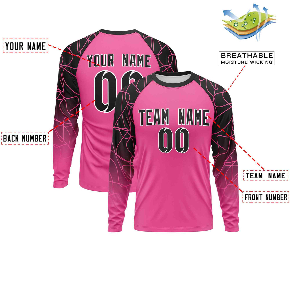 Custom Pink Black Tangled Lines Pattern Raglan Long Sleeve Performance T-Shirt