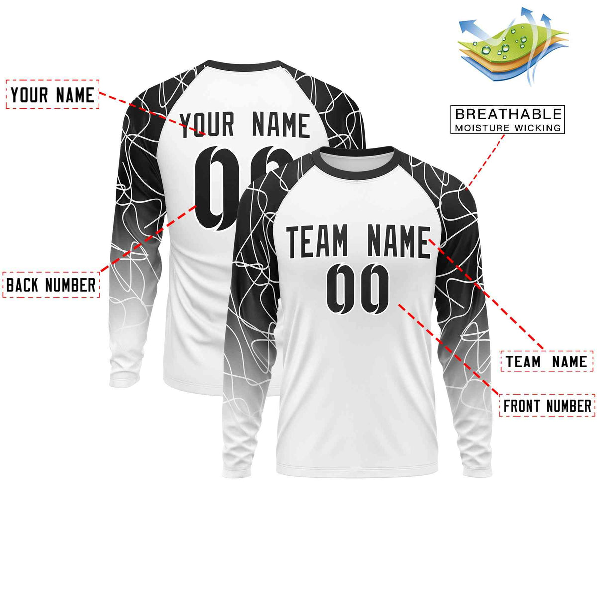 Custom White Black Tangled Lines Pattern Raglan Long Sleeve Performance T-Shirt