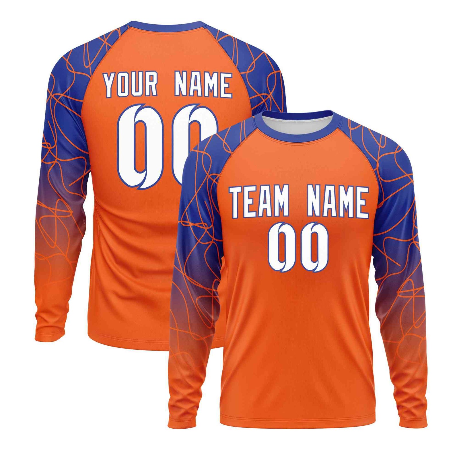 Custom Orange Royal Blue Tangled Lines Pattern Raglan Long Sleeve Performance T-Shirt