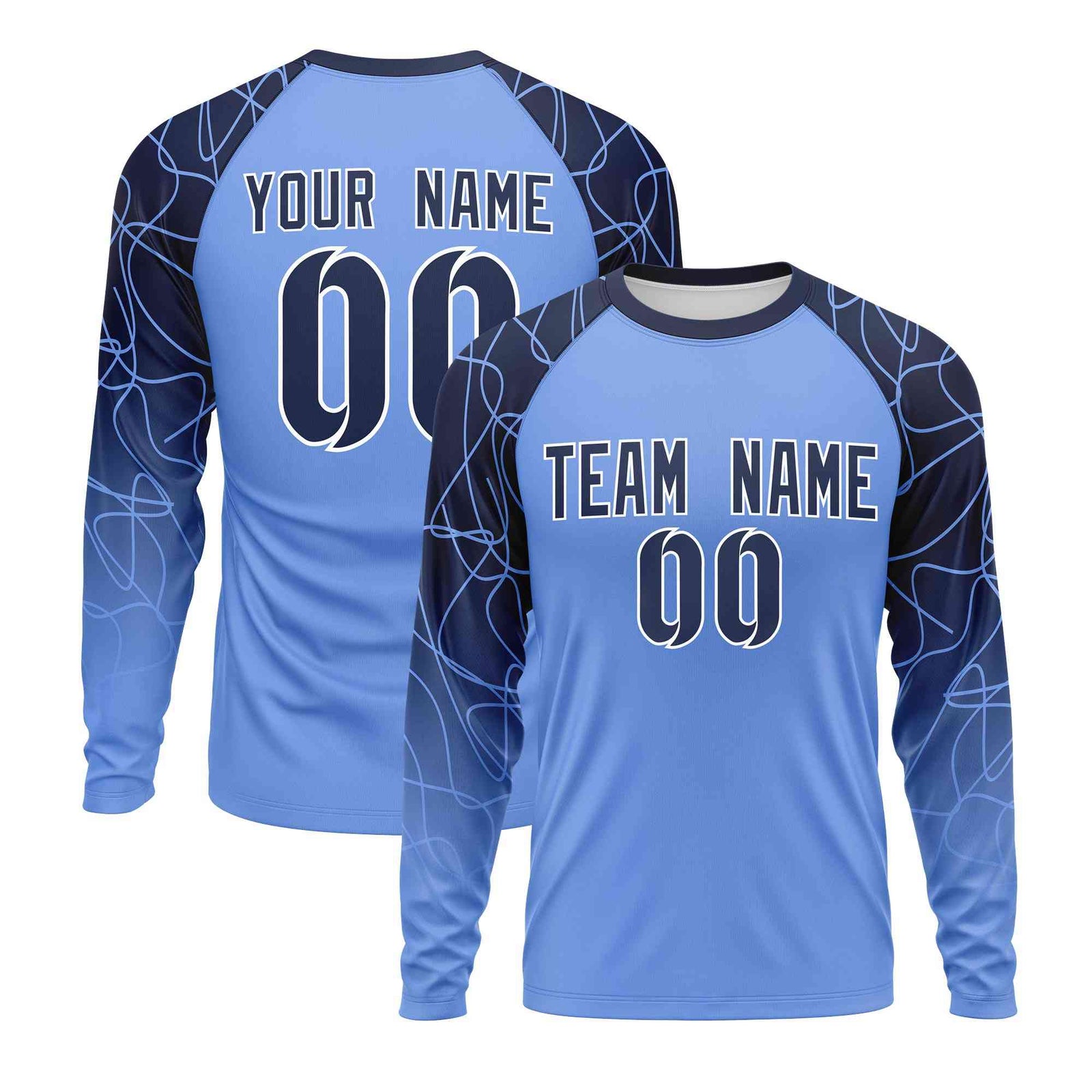 Custom Light Blue Navy Tangled Lines Pattern Raglan Long Sleeve Performance T-Shirt