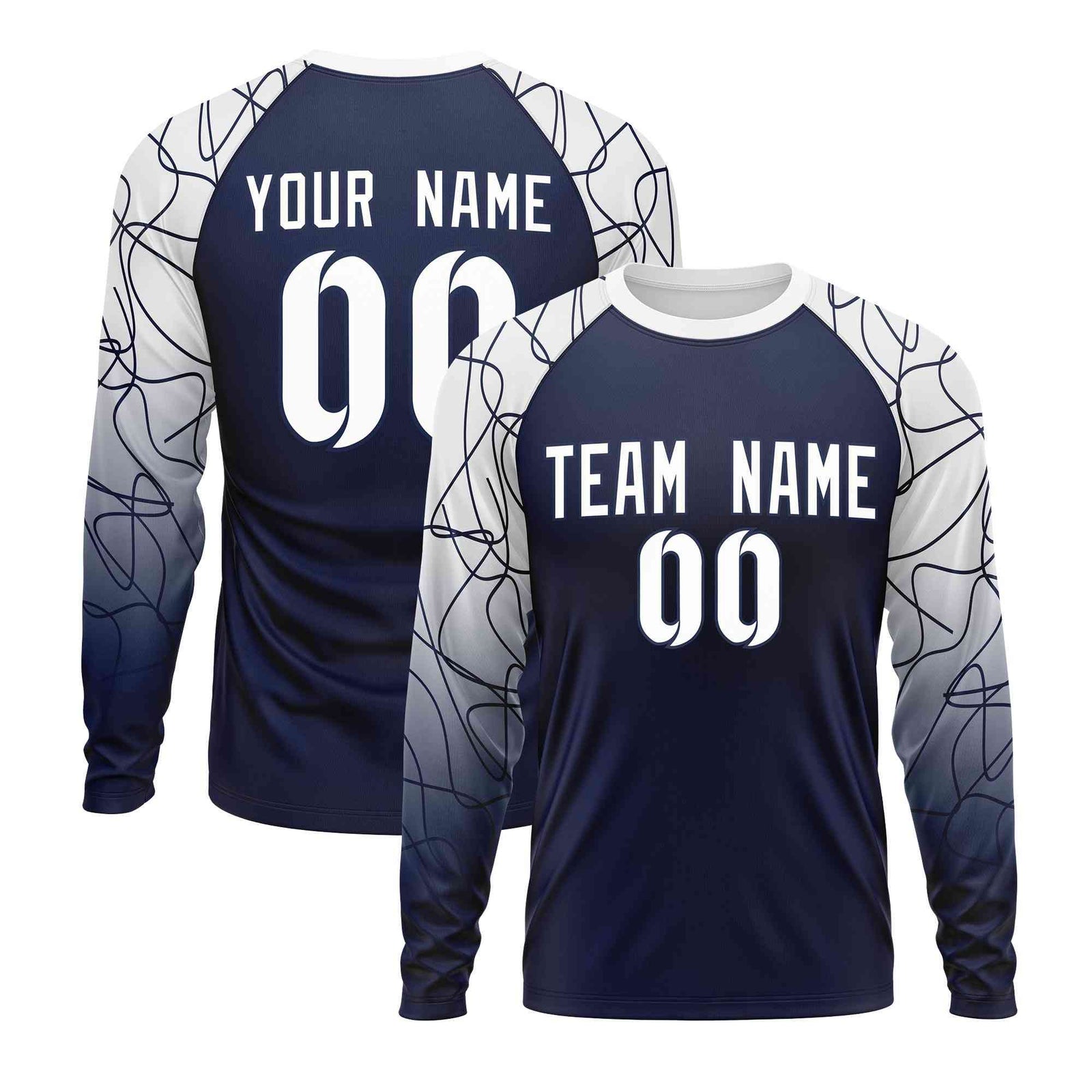 Custom Navy White Tangled Lines Pattern Raglan Long Sleeve Performance T-Shirt