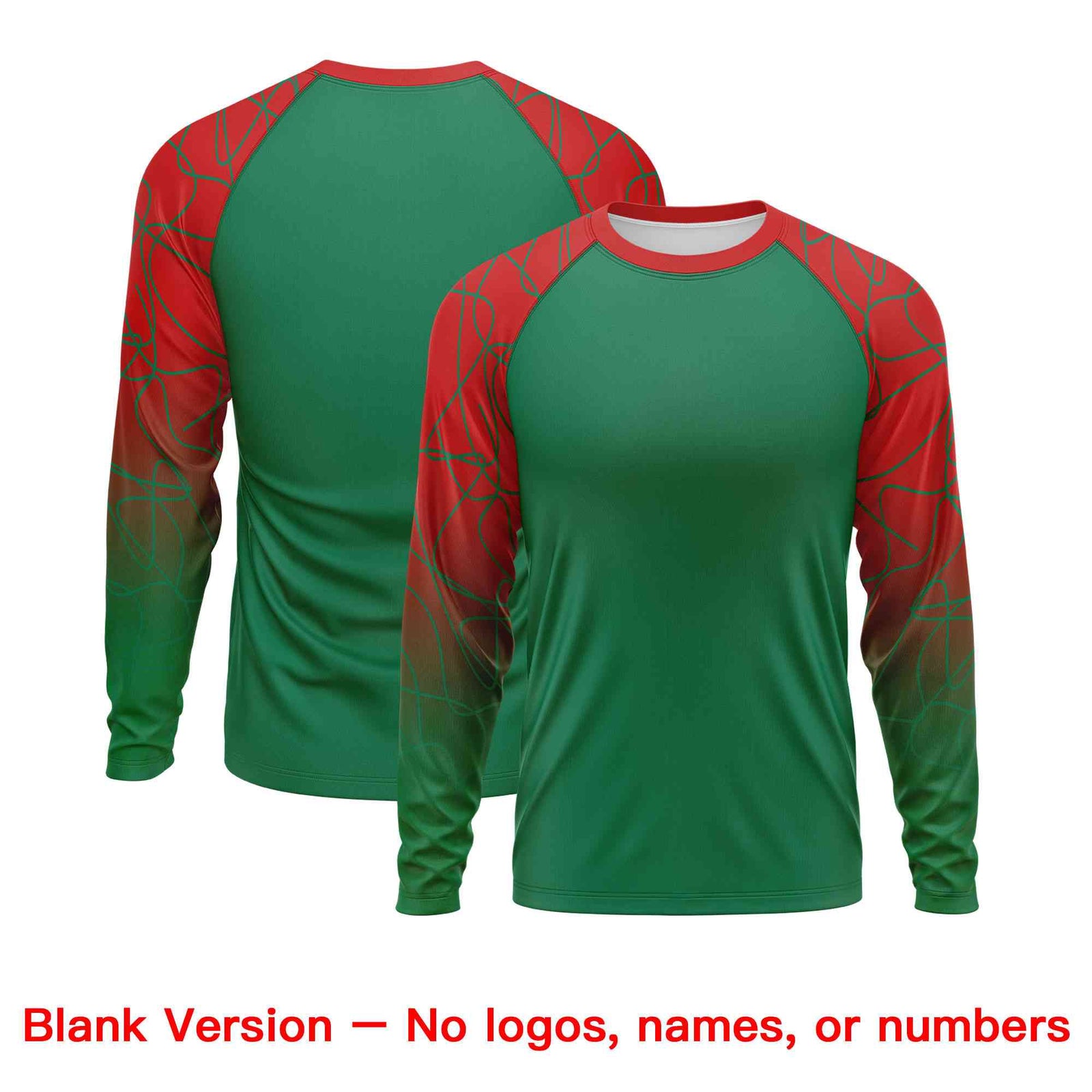 Custom Kelly Green Red Tangled Lines Pattern Raglan Long Sleeve Performance T-Shirt