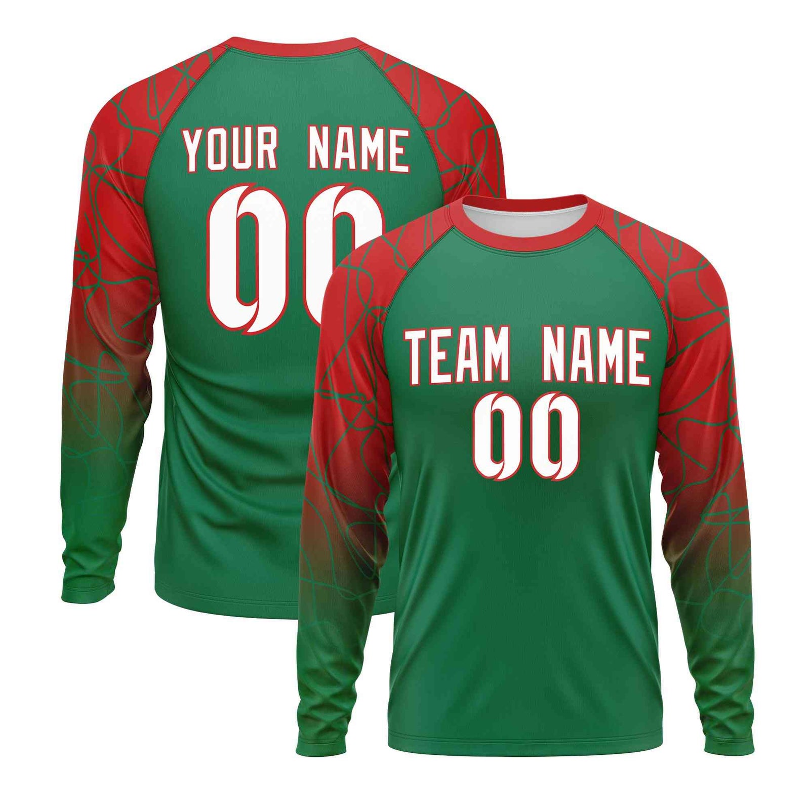 Custom Kelly Green Red Tangled Lines Pattern Raglan Long Sleeve Performance T-Shirt