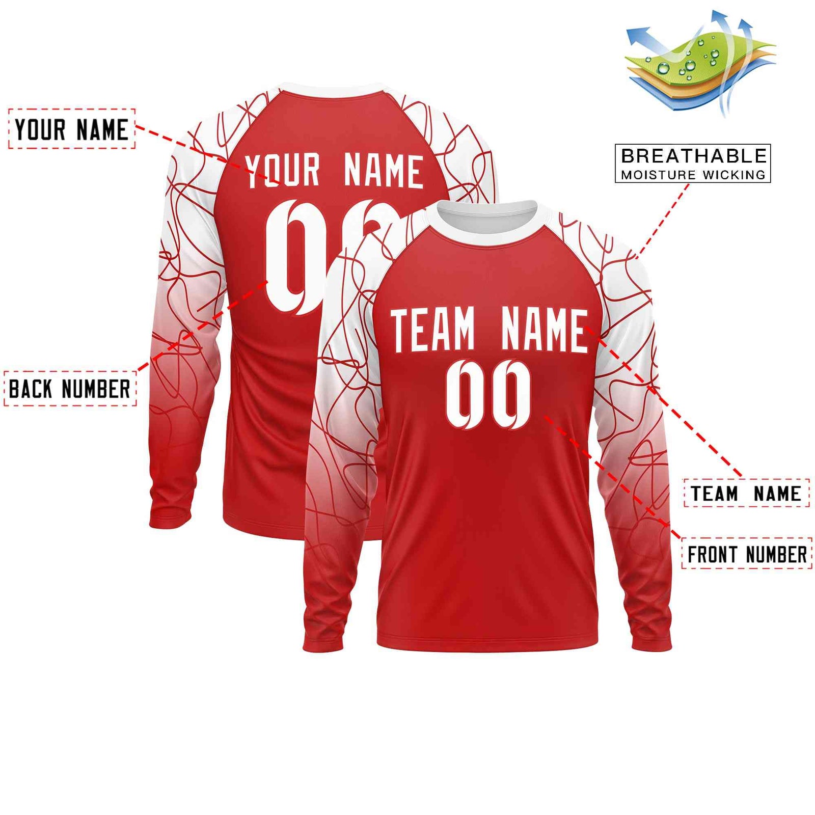 Custom Red White Tangled Lines Pattern Raglan Long Sleeve Performance T-Shirt