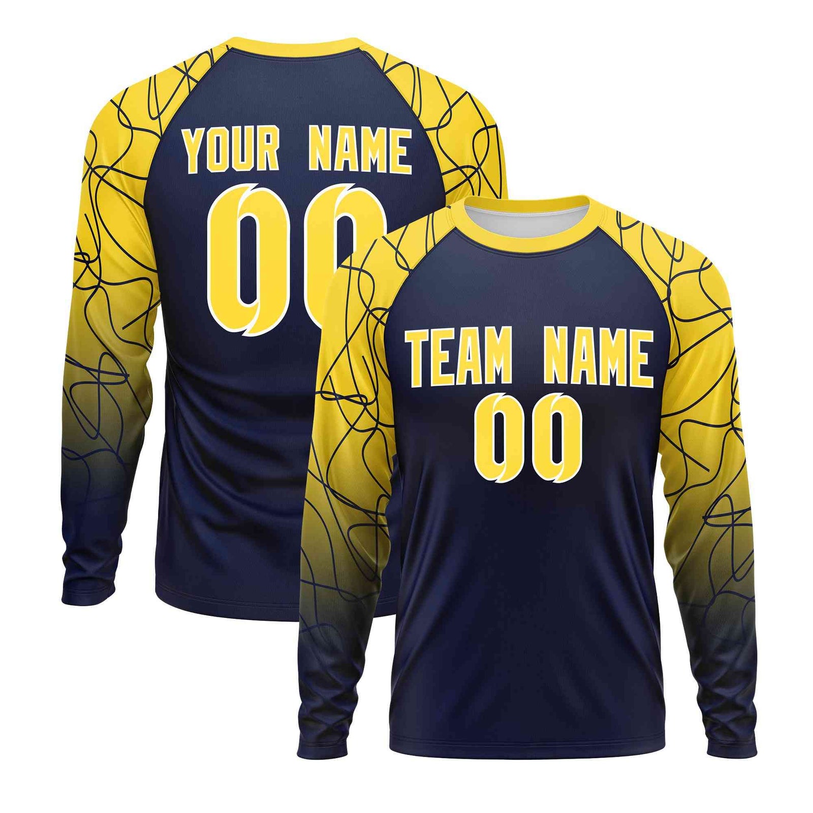 Custom Navy Gold Tangled Lines Pattern Raglan Long Sleeve Performance T-Shirt