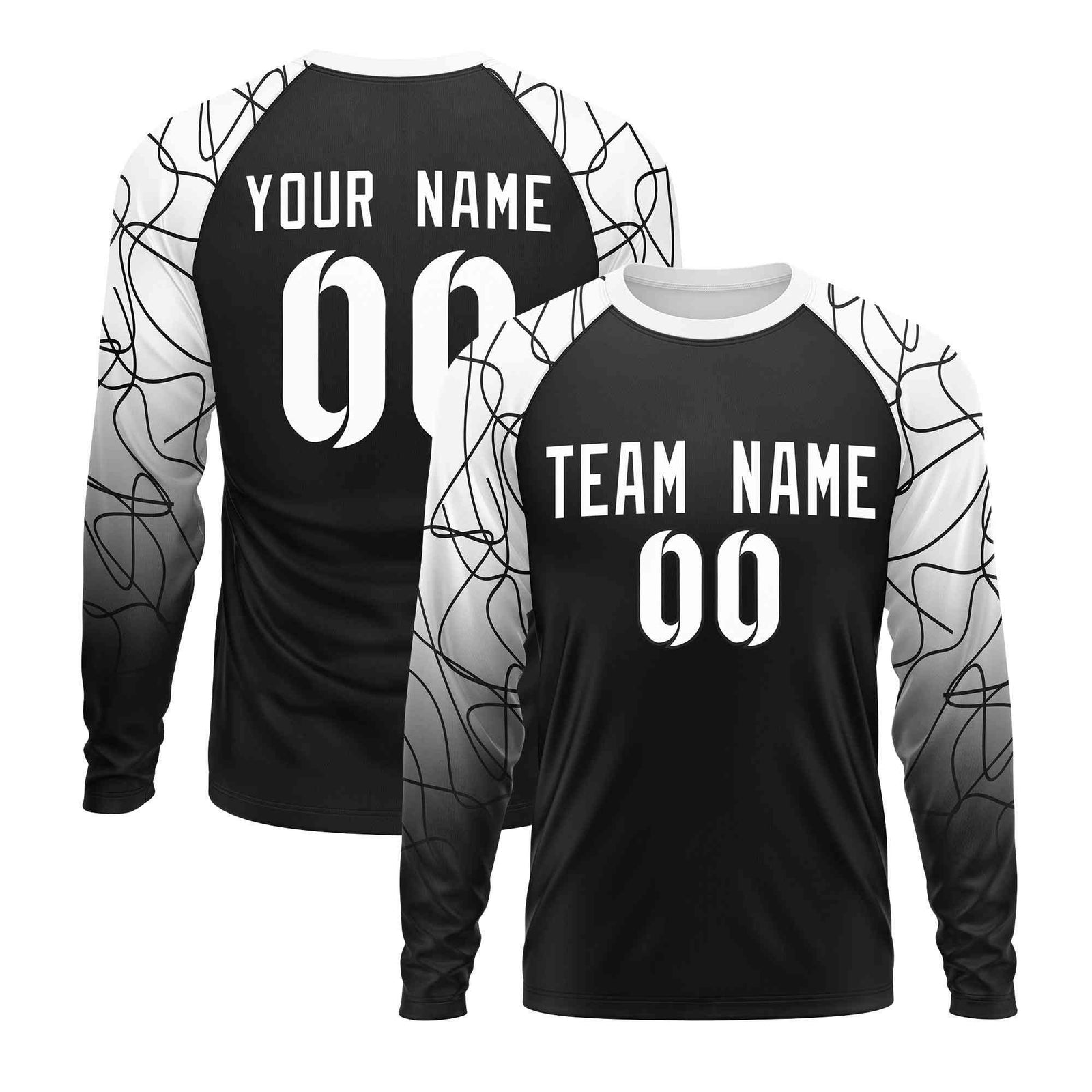 Custom Black White Tangled Lines Pattern Raglan Long Sleeve Performance T-Shirt