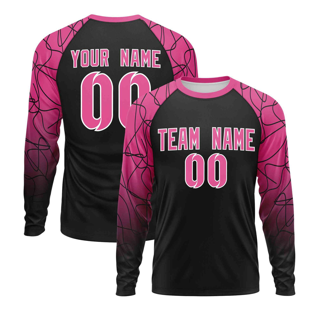 Custom Black Pink Tangled Lines Pattern Raglan Long Sleeve Performance T-Shirt