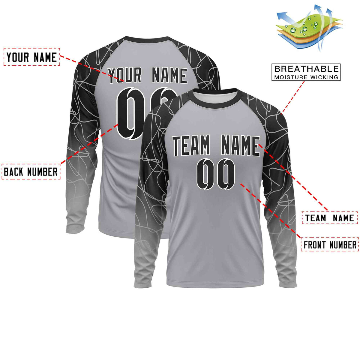 Custom Black Silver Tangled Lines Pattern Raglan Long Sleeve Performance T-Shirt