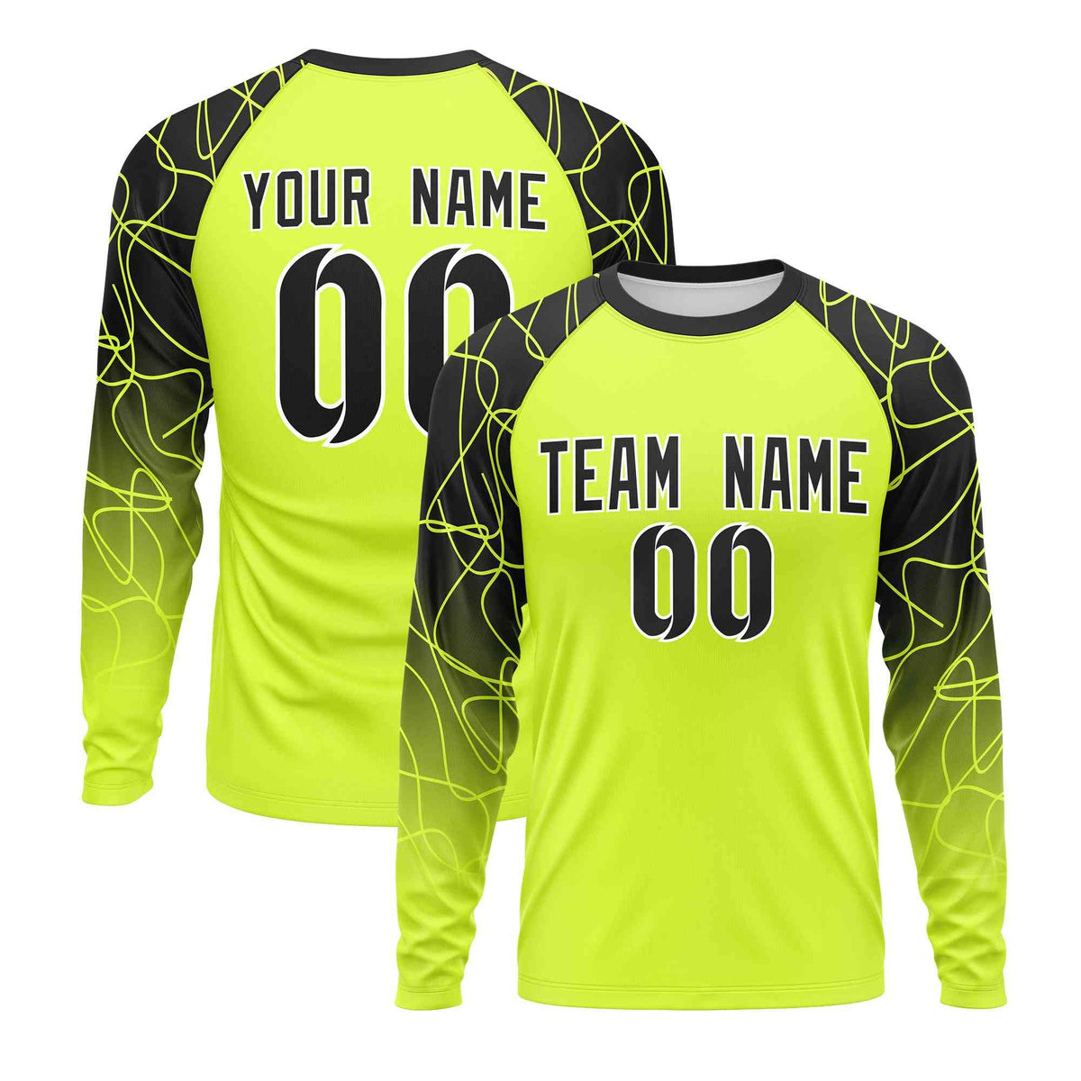 Custom Fluorescent Green Black Tangled Lines Pattern Raglan Long Sleeve Performance T-Shirt