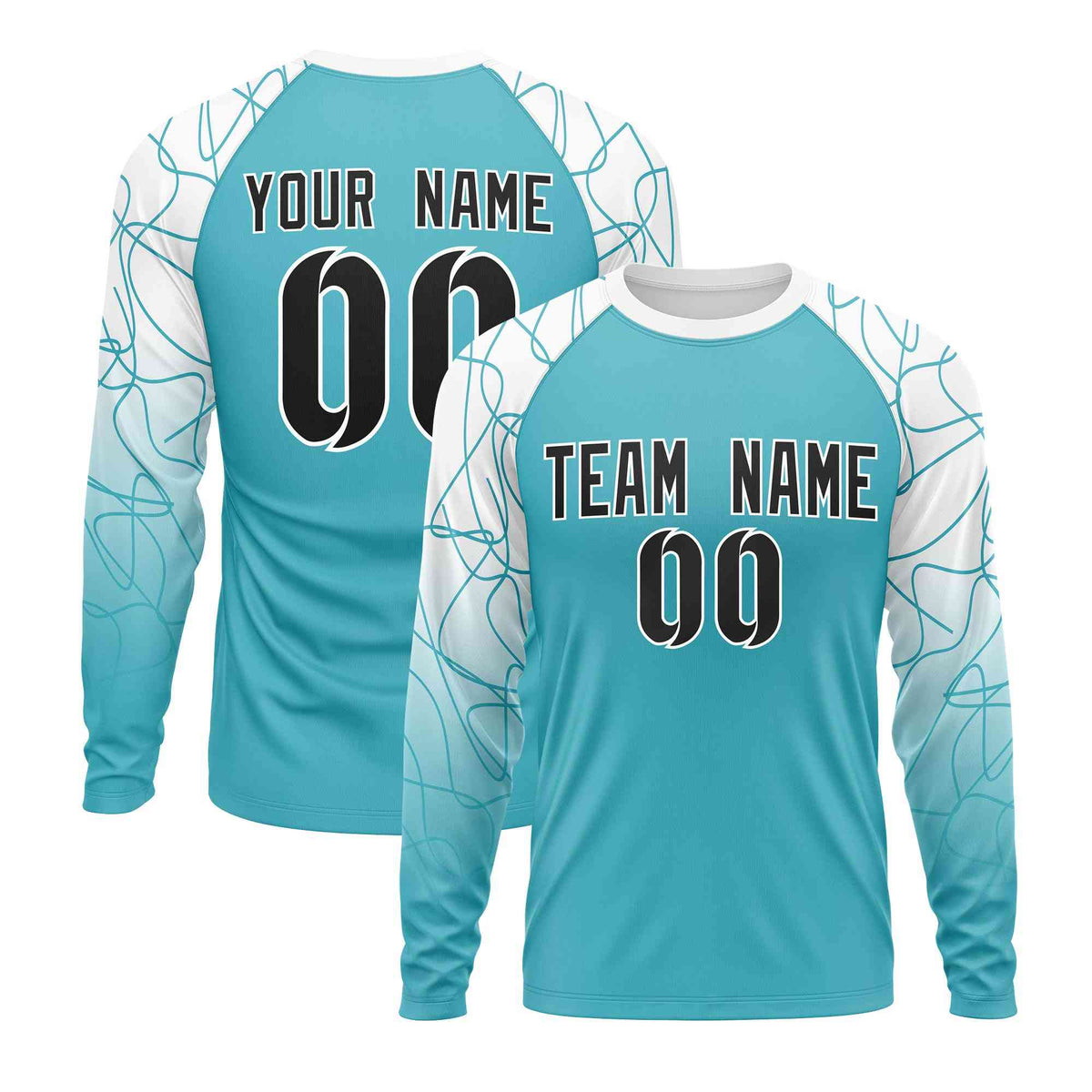 Custom Sky Blue White Tangled Lines Pattern Raglan Long Sleeve Performance T-Shirt