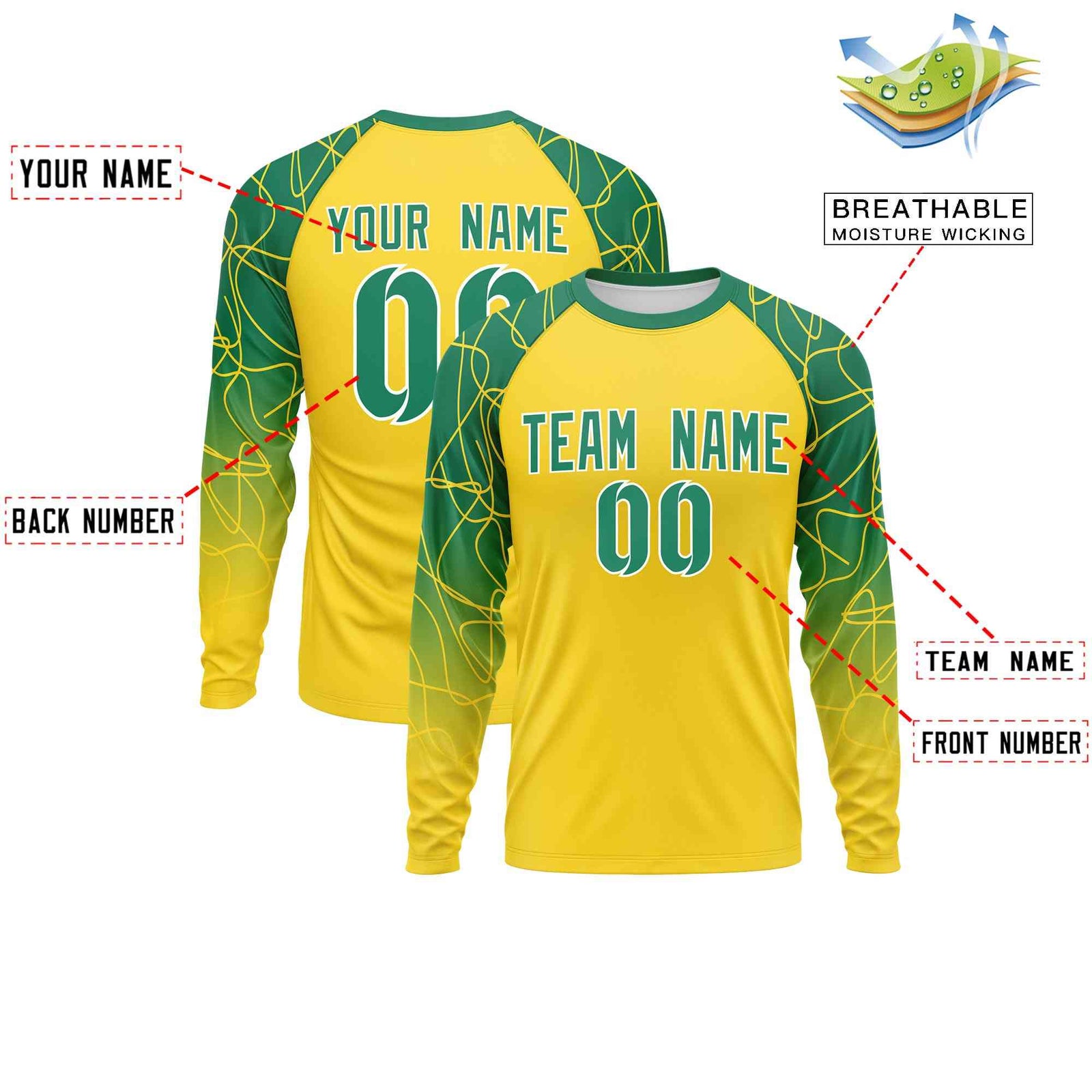 Custom Gold Kelly Green Tangled Lines Pattern Raglan Long Sleeve Performance T-Shirt