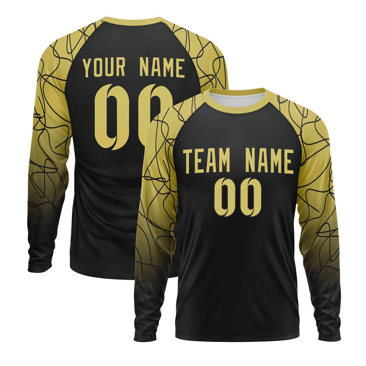Custom Black Old Gold Tangled Lines Pattern Raglan Long Sleeve Performance T-Shirt