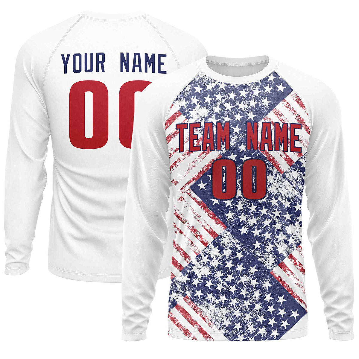 Custom White Royal-Red Personalized American Flag Design Long Sleeve Performance T-shirt