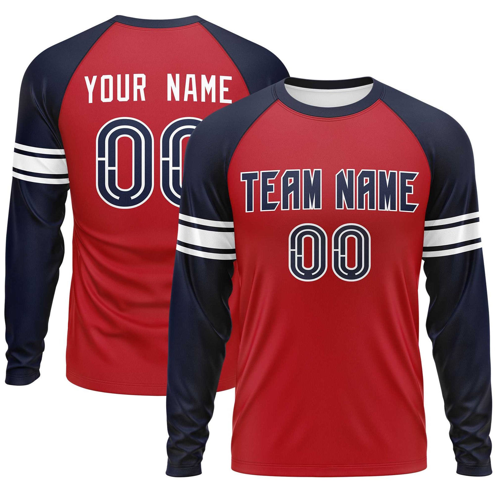 Custom Red Navy White Crew Neck Personalized Raglan Long Sleeve Performance T-shirt