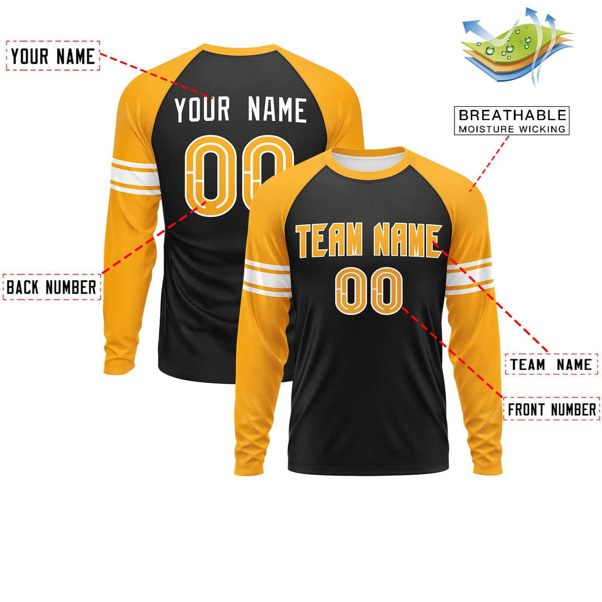 Custom Black Yellow White Crew Neck Personalized Raglan Long Sleeve Performance T-shirt