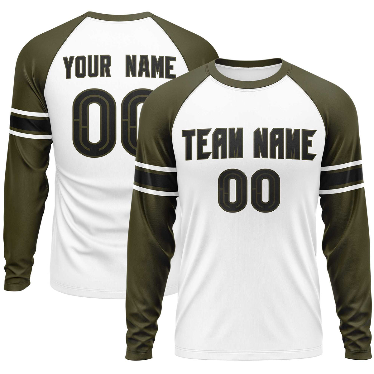 Custom White Olive Black Crew Neck Personalized Raglan Long Sleeve Performance T-shirt