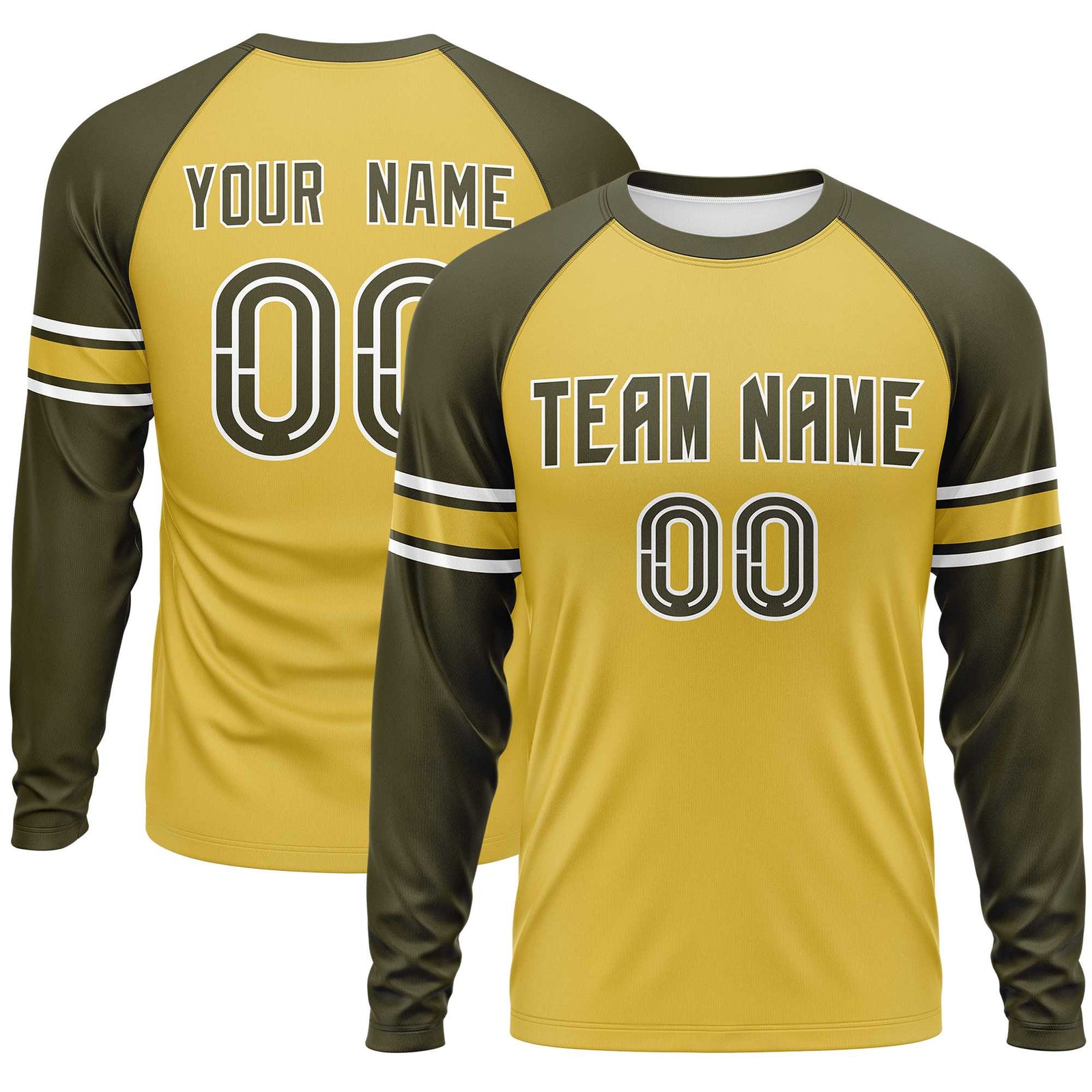 Custom Old Gold Olive White Crew Neck Personalized Raglan Long Sleeve Performance T-shirt