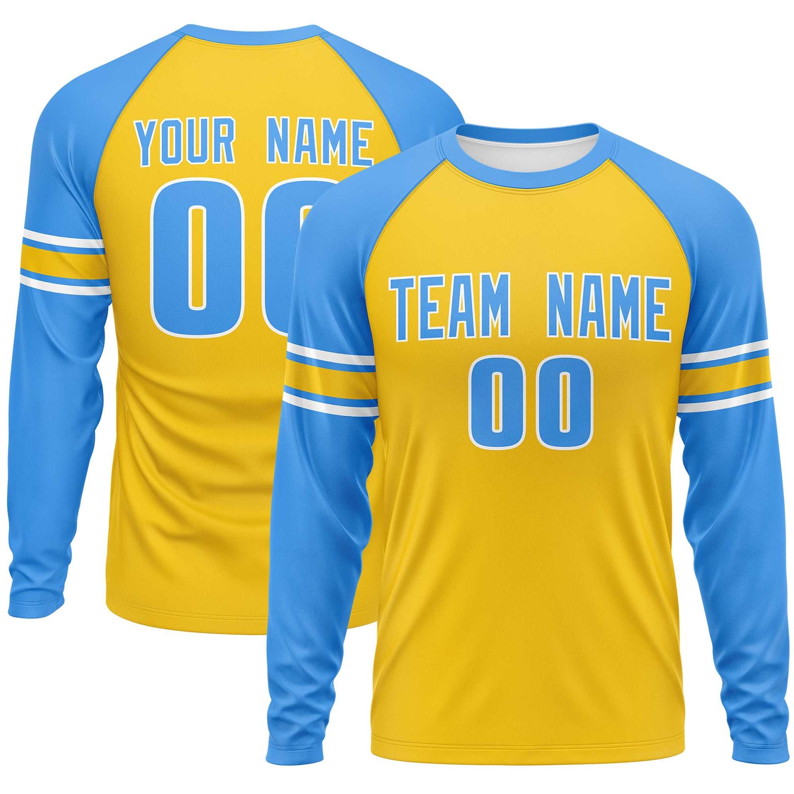 Custom Gold Powder Blue White Crew Neck Personalized Raglan Long Sleeve Performance T-shirt