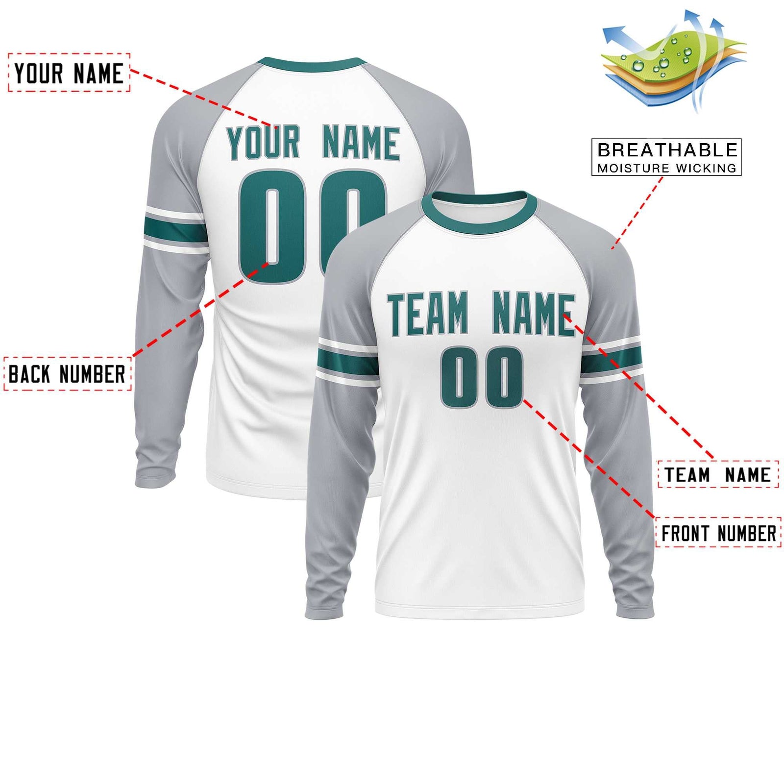 Custom White Gray Aqua Crew Neck Personalized Raglan Long Sleeve Performance T-shirt