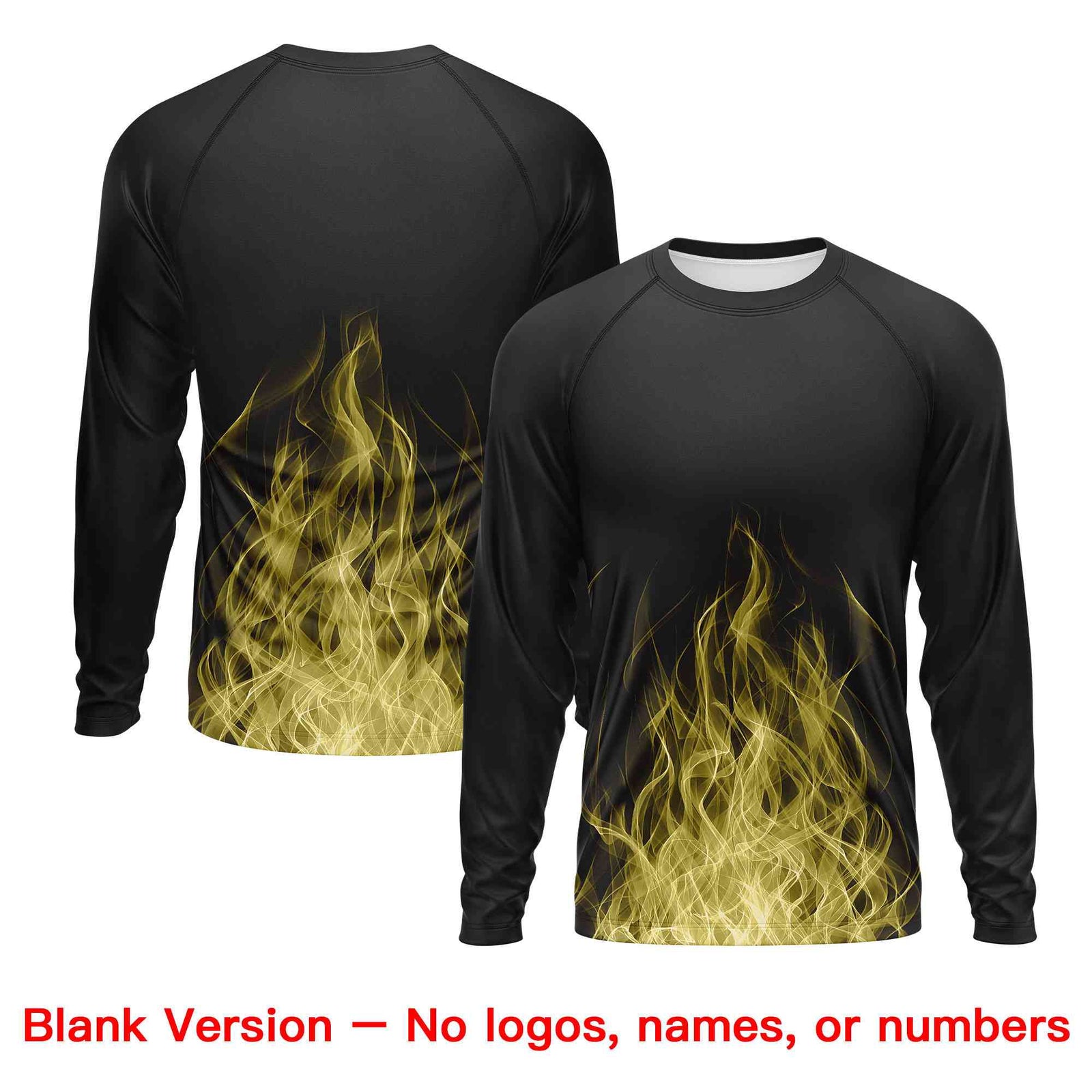 Custom Black Old Gold Colorful Flame Pattern Long Sleeve Performance T-Shirt