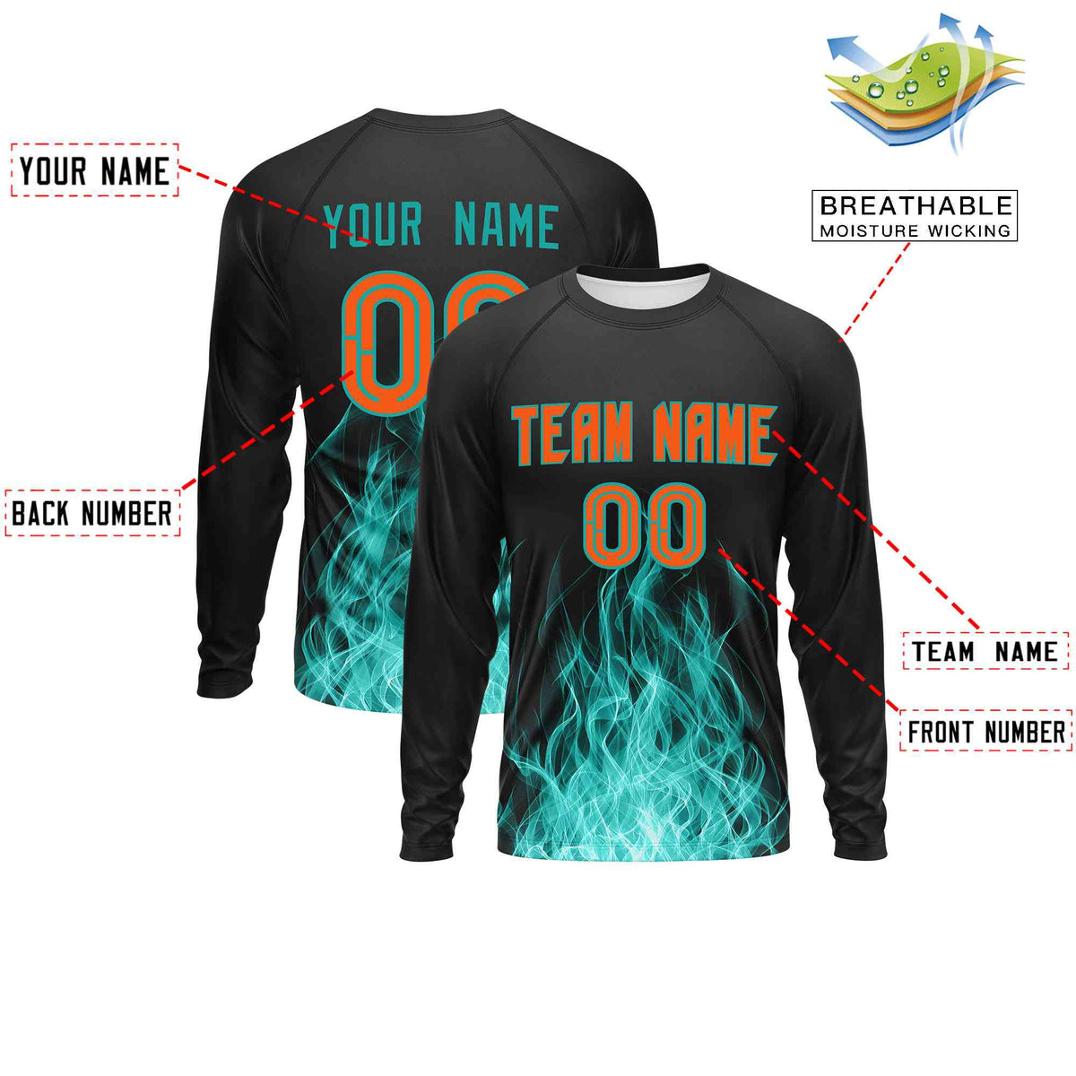 Custom Black Aqua Colorful Flame Pattern Long Sleeve Performance T-Shirt