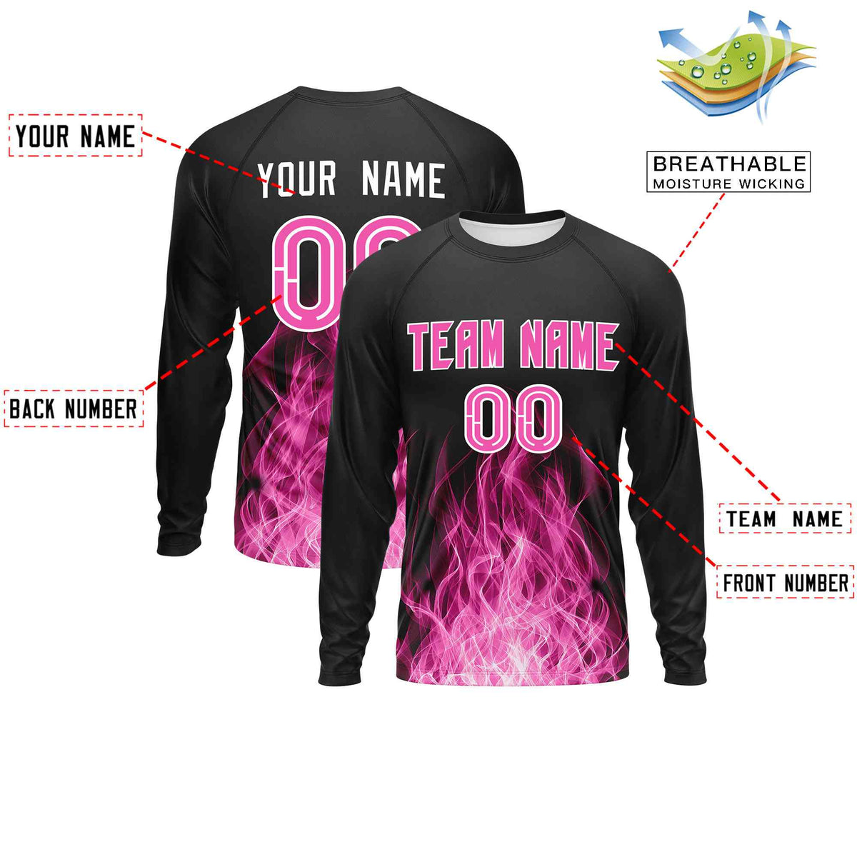 Custom Black Pink Colorful Flame Pattern Long Sleeve Performance T-Shirt