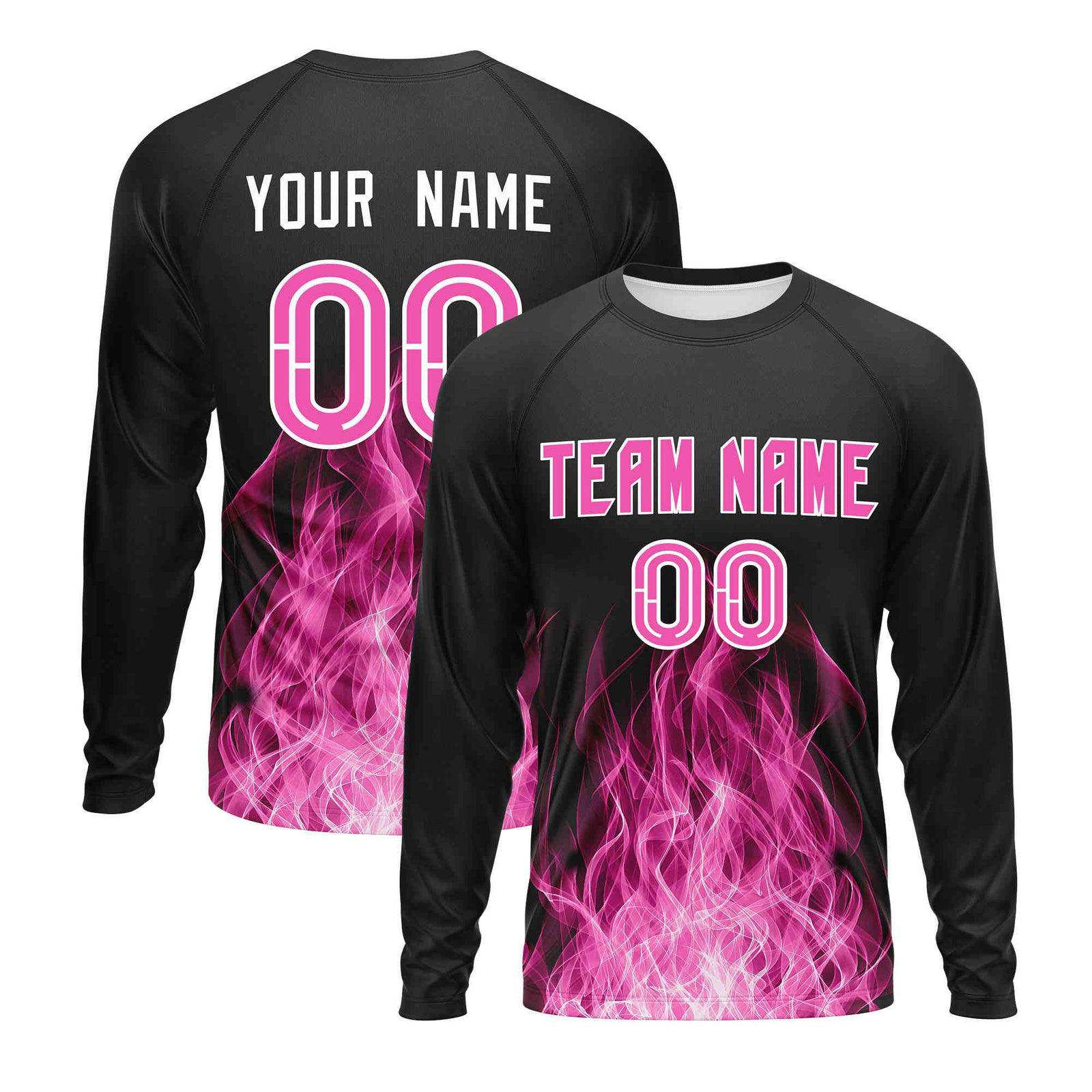 Custom Black Pink Colorful Flame Pattern Long Sleeve Performance T-Shirt