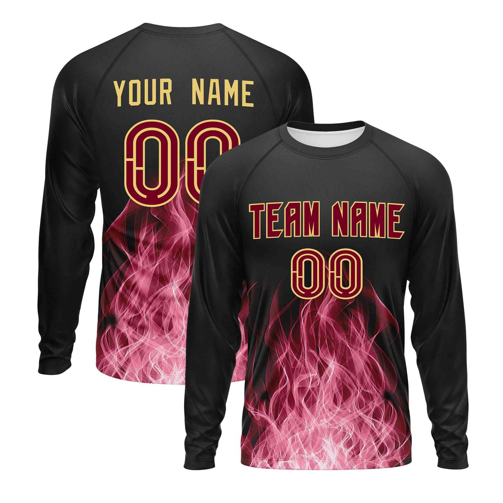 Custom Black Crimson Colorful Flame Pattern Long Sleeve Performance T-Shirt