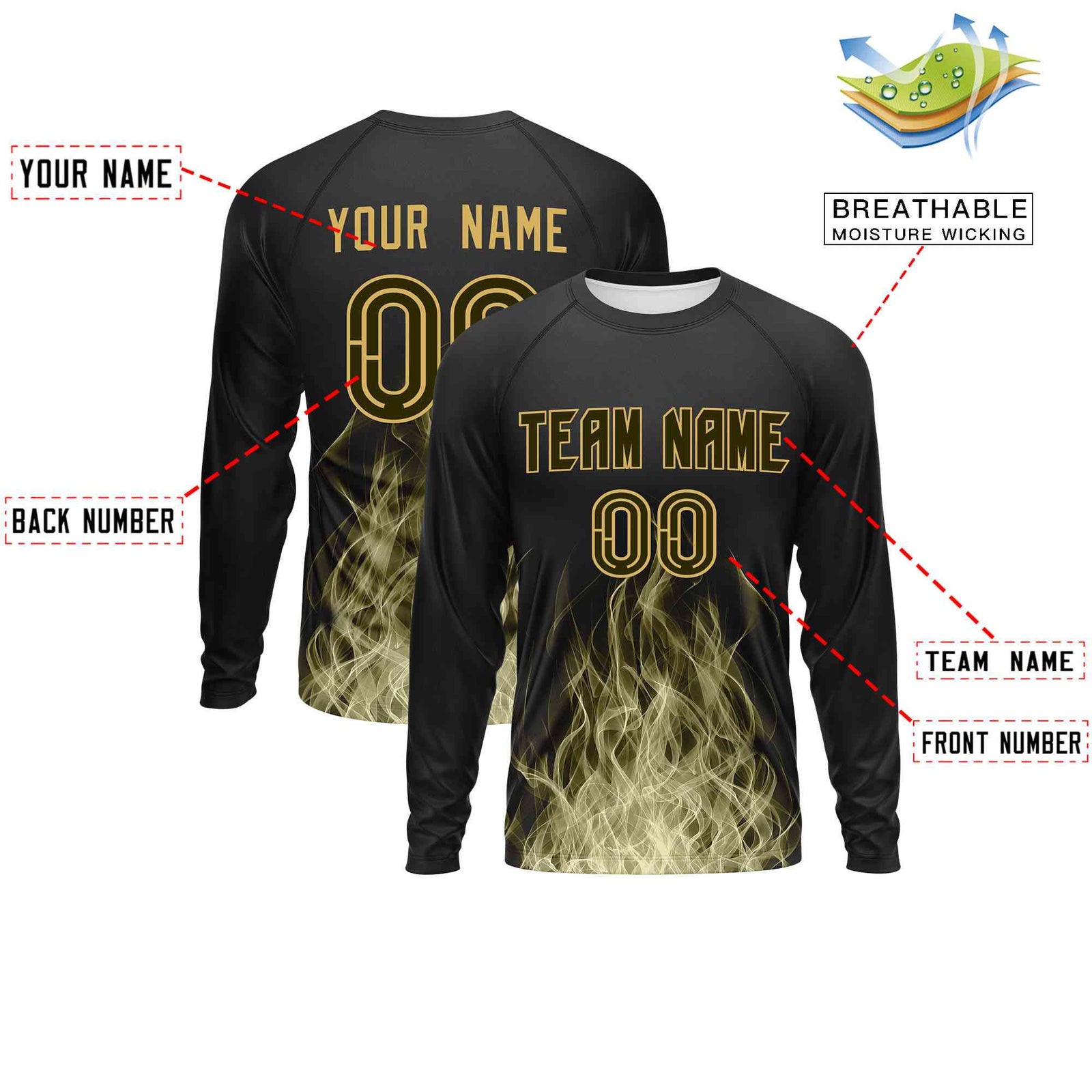 Custom Black Olive Colorful Flame Pattern Long Sleeve Performance T-Shirt