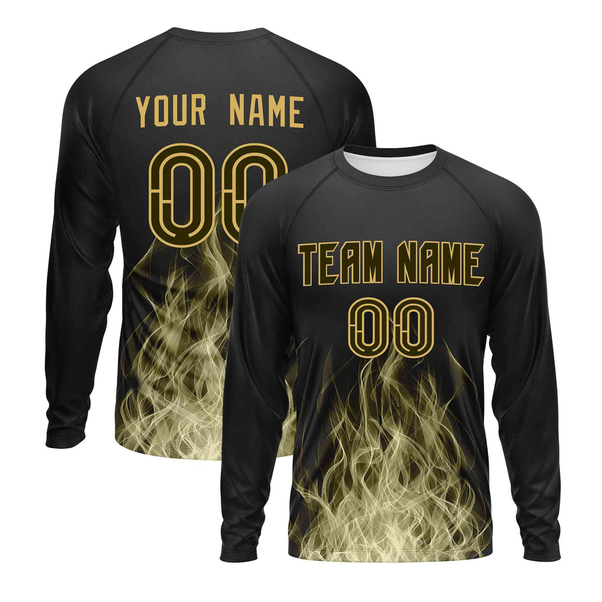 Custom Black Olive Colorful Flame Pattern Long Sleeve Performance T-Shirt