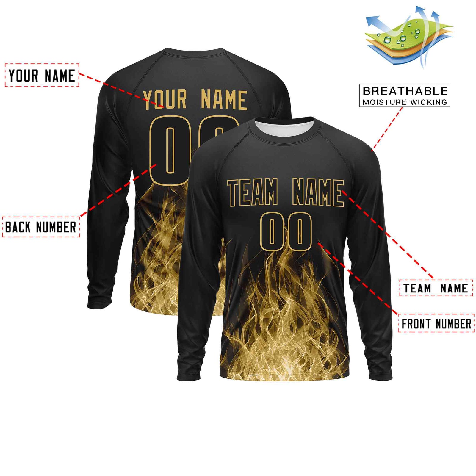 Custom Black Khaki Colorful Flame Pattern Long Sleeve Performance T-Shirt| KXKSHOP