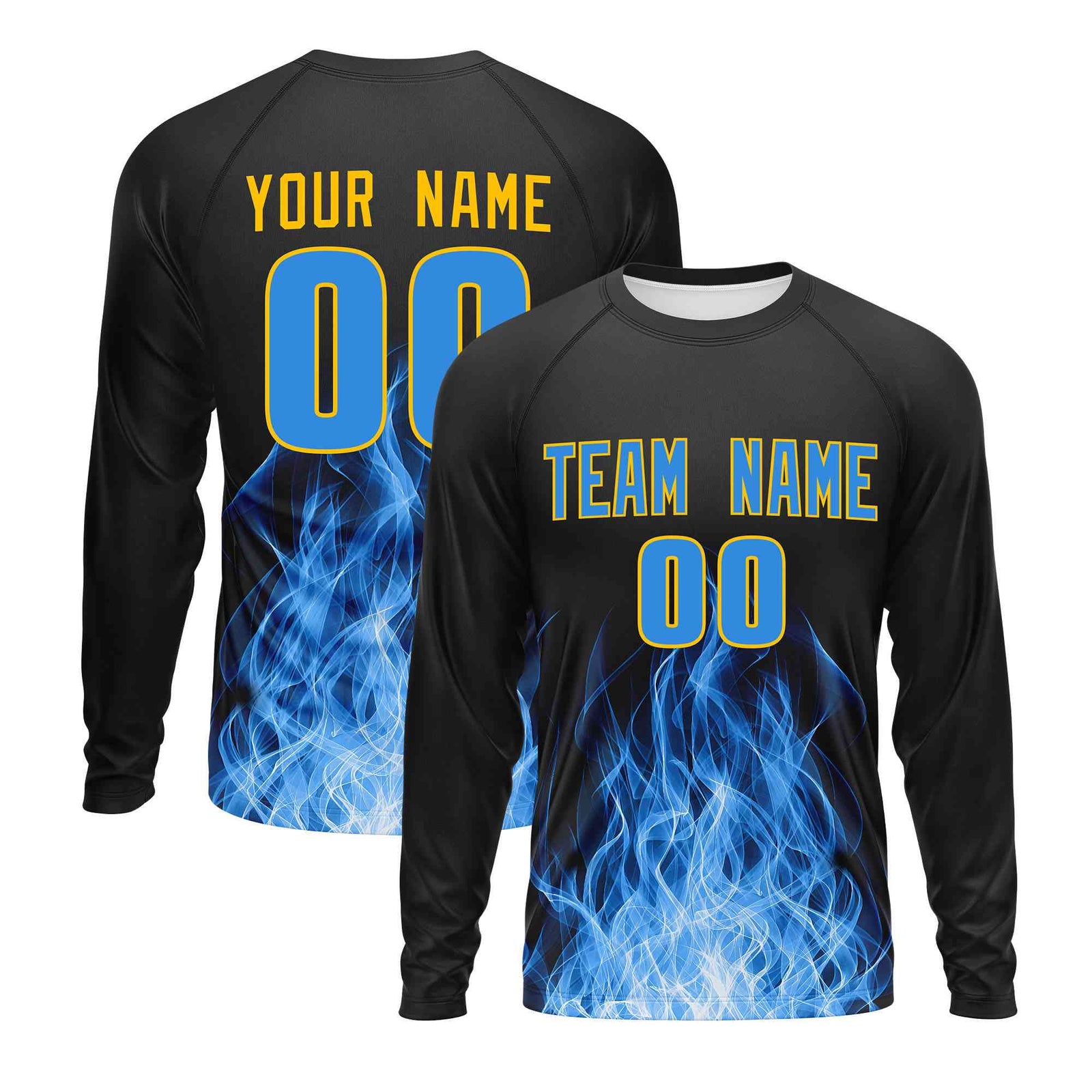 Custom Black Light Blue Colorful Flame Pattern Long Sleeve Performance T-Shirt| KXKSHOP