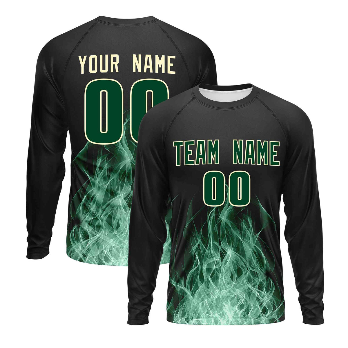 Custom Black Green Colorful Flame Pattern Long Sleeve Performance T-Shirt| KXKSHOP