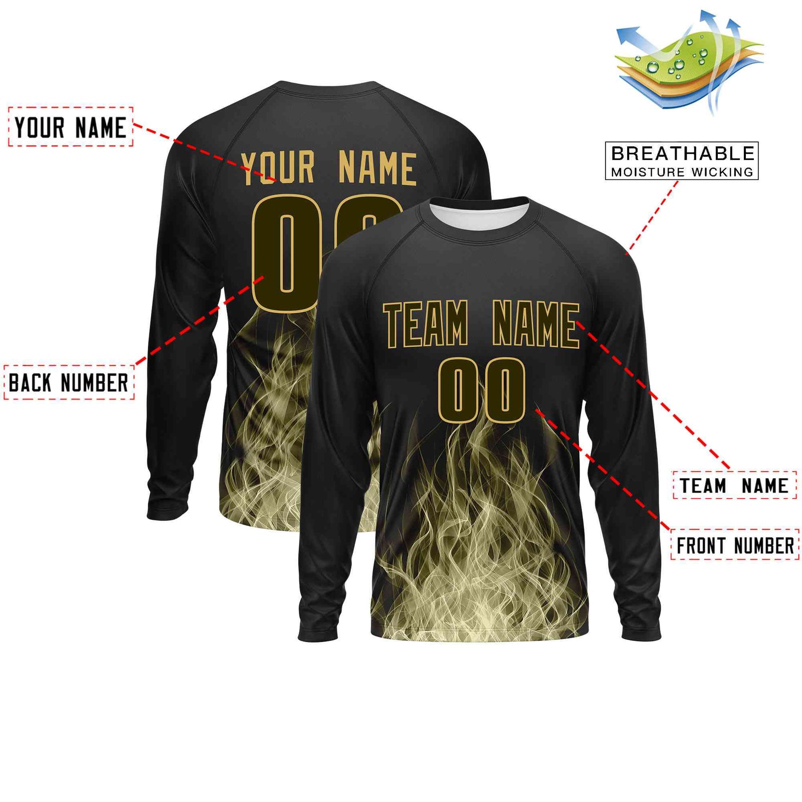 Custom Black Olive Colorful Flame Pattern Long Sleeve Performance T-Shirt| KXKSHOP